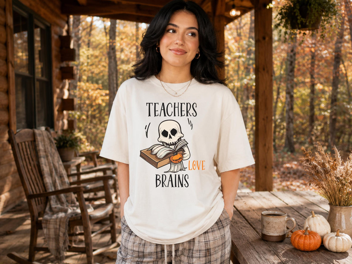 Teacher Halloween Sweatshirt, Teachers Love Brains Skeleton Book Crewneck, Spooky Educator Gift, Funny Book Lover Apparel Idea!!!