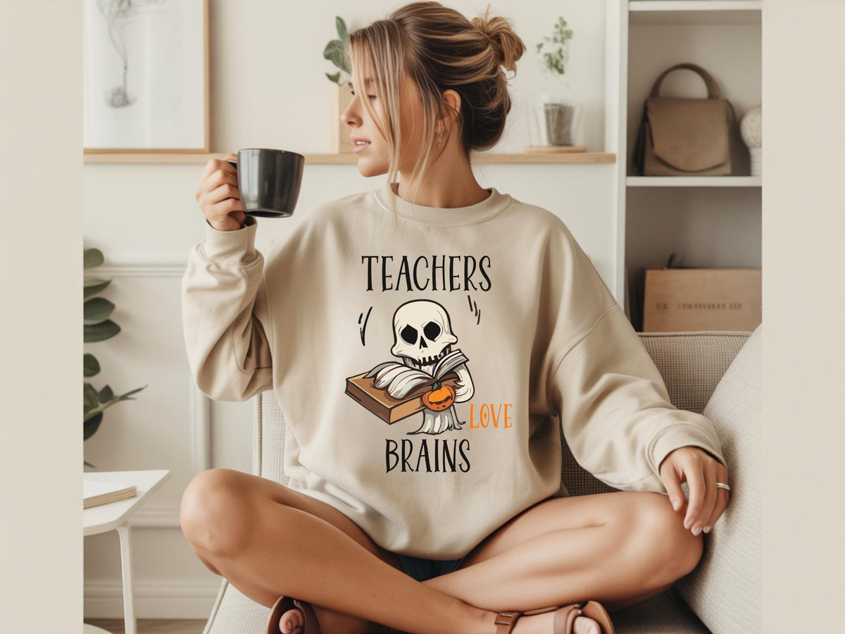Teacher Halloween Sweatshirt, Teachers Love Brains Skeleton Book Crewneck, Spooky Educator Gift, Funny Book Lover Apparel Idea!!!