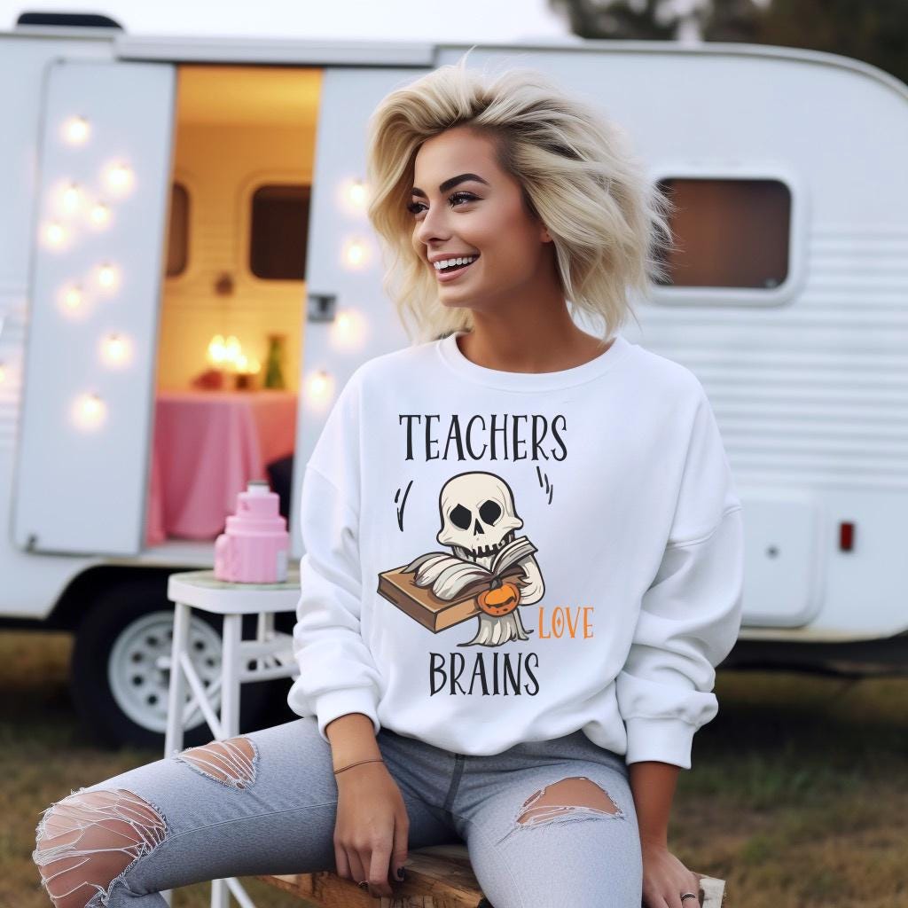 Teacher Halloween Sweatshirt, Teachers Love Brains Skeleton Book Crewneck, Spooky Educator Gift, Funny Book Lover Apparel Idea!!!