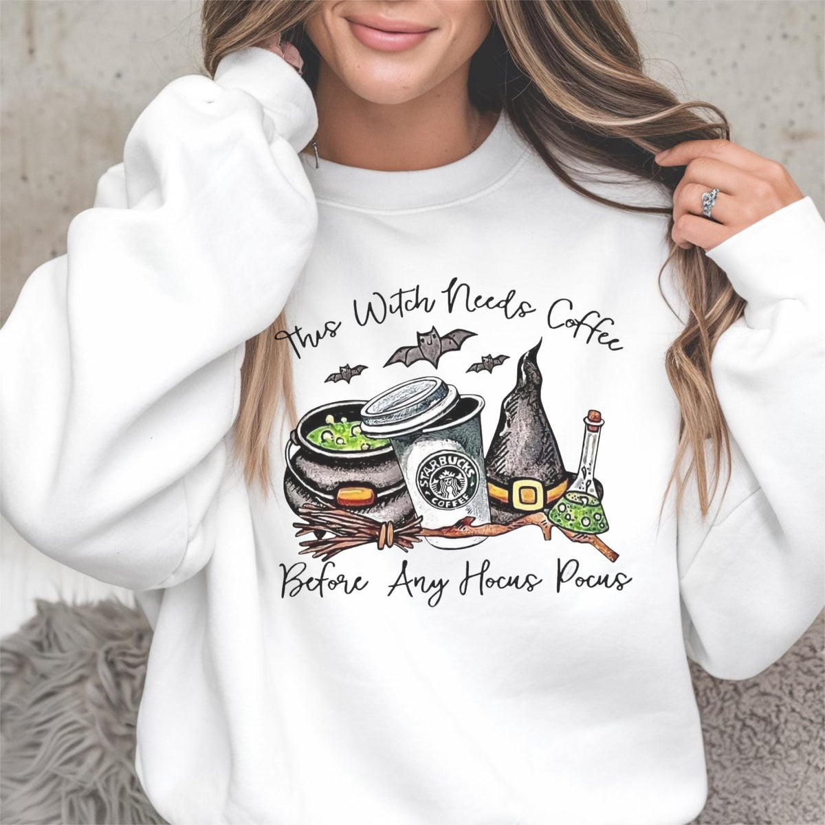 Witch With Needs Coffee Sweatshirt, Halloween Coffee Lover Crewneck, Hocus Pocus Witch Shirt, Spooky Bat Coffee Graphic Pullover Gift