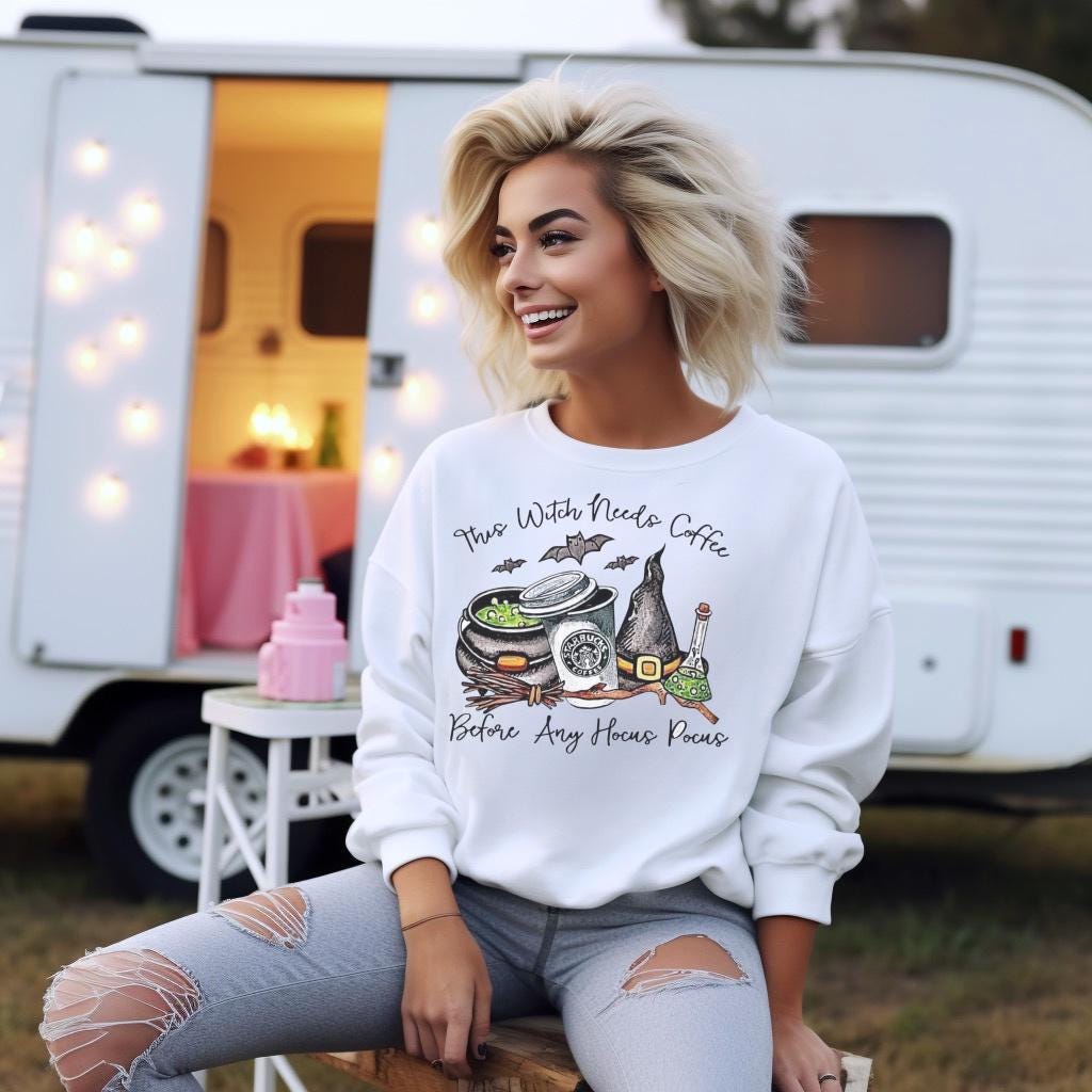Witch With Needs Coffee Sweatshirt, Halloween Coffee Lover Crewneck, Hocus Pocus Witch Shirt, Spooky Bat Coffee Graphic Pullover Gift