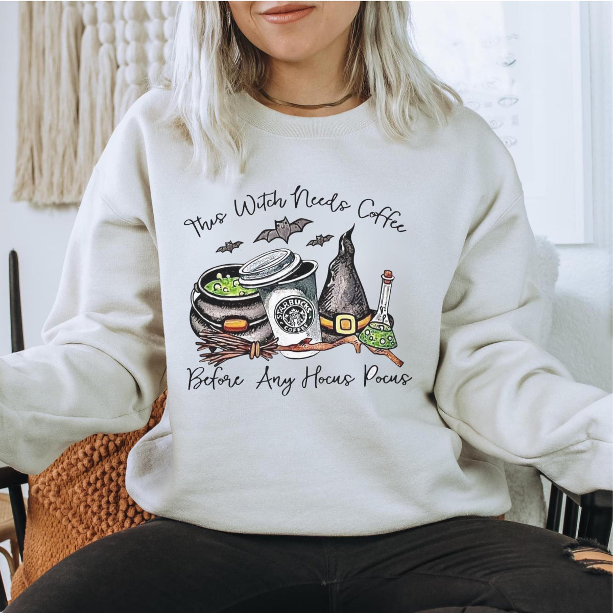 Witch With Needs Coffee Sweatshirt, Halloween Coffee Lover Crewneck, Hocus Pocus Witch Shirt, Spooky Bat Coffee Graphic Pullover Gift