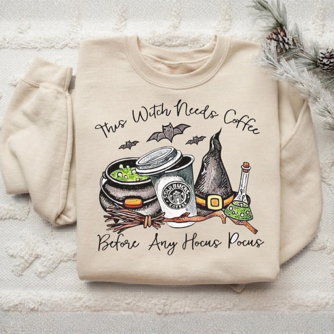 Witch With Needs Coffee Sweatshirt, Halloween Coffee Lover Crewneck, Hocus Pocus Witch Shirt, Spooky Bat Coffee Graphic Pullover Gift