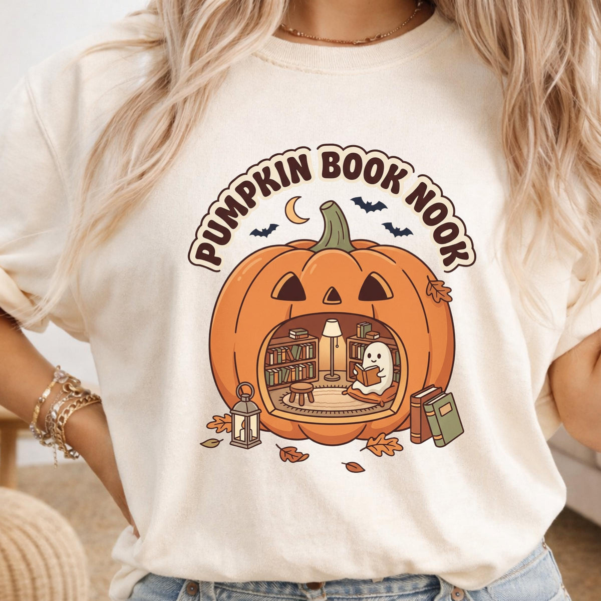 Pumpkin Book Nook Sweatshirt, Cozy Halloween Reader Crewneck, Ghost Reading Pumpkin, Book Lover Fall Pullover, Autumn Library Gift