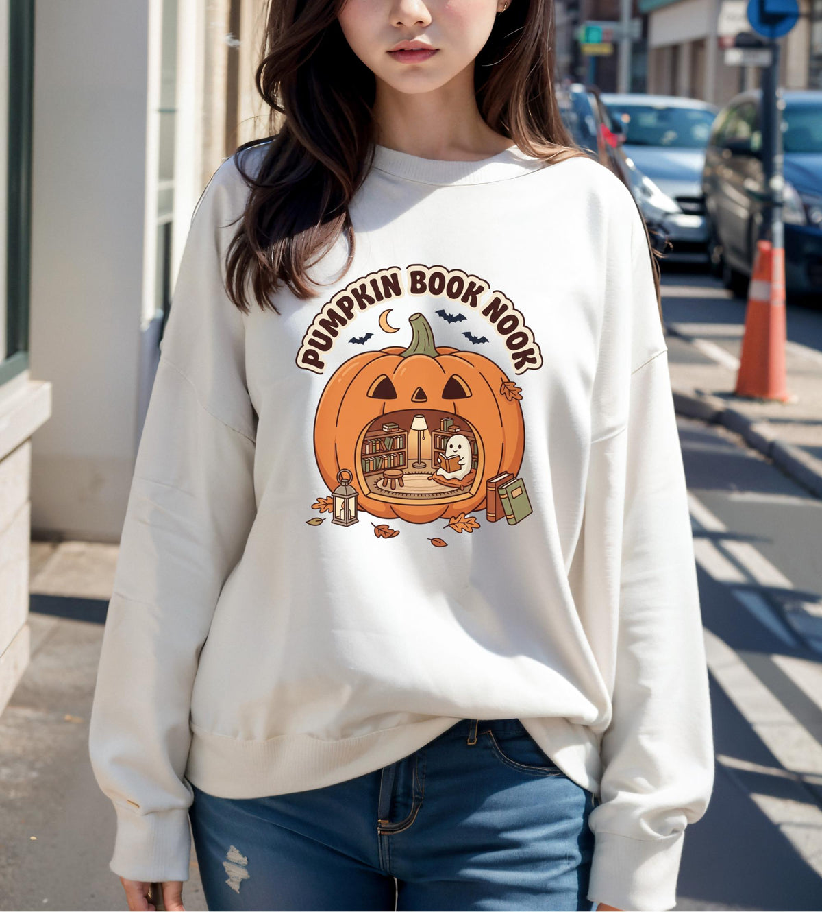 Pumpkin Book Nook Sweatshirt, Cozy Halloween Reader Crewneck, Ghost Reading Pumpkin, Book Lover Fall Pullover, Autumn Library Gift