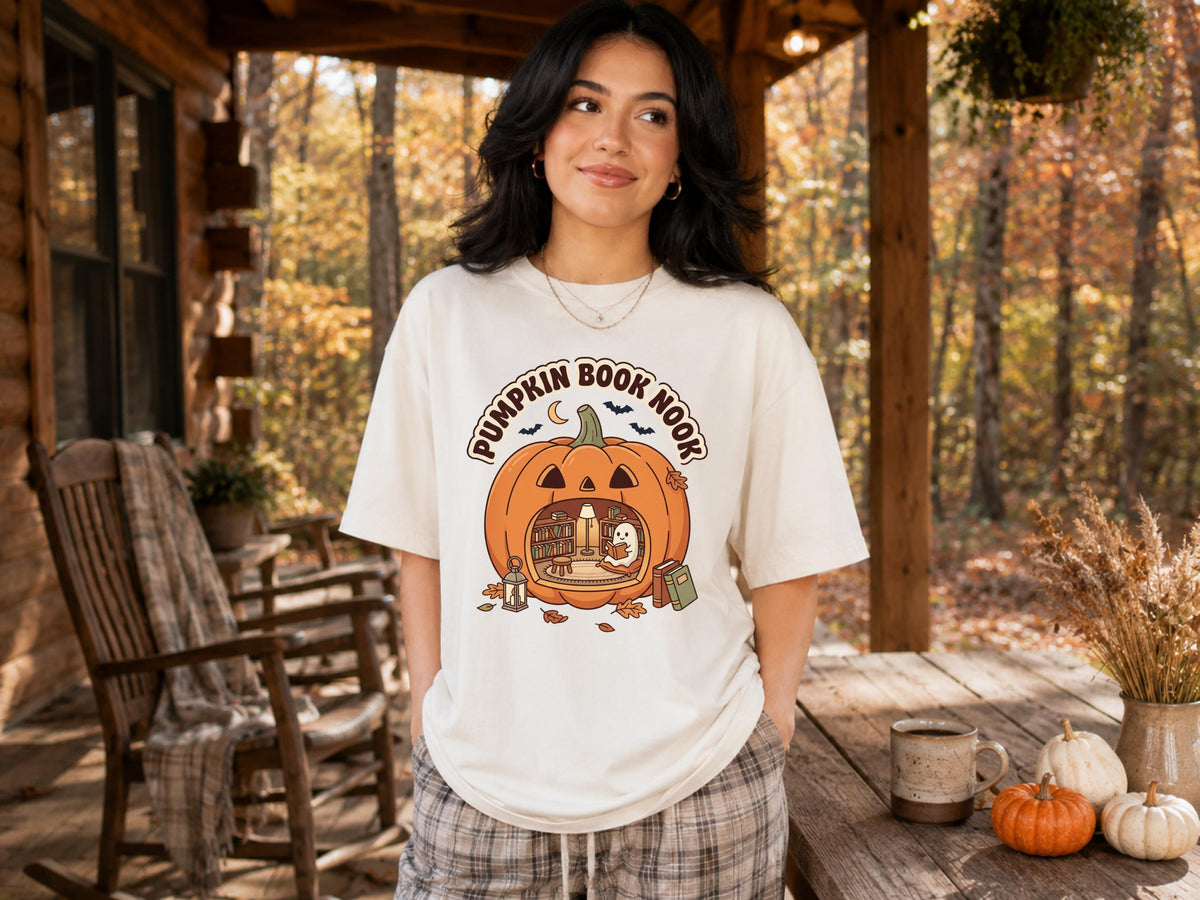 Pumpkin Book Nook Sweatshirt, Cozy Halloween Reader Crewneck, Ghost Reading Pumpkin, Book Lover Fall Pullover, Autumn Library Gift