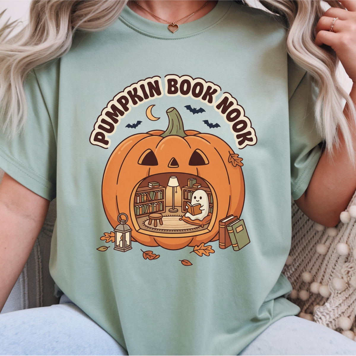 Pumpkin Book Nook Sweatshirt, Cozy Halloween Reader Crewneck, Ghost Reading Pumpkin, Book Lover Fall Pullover, Autumn Library Gift