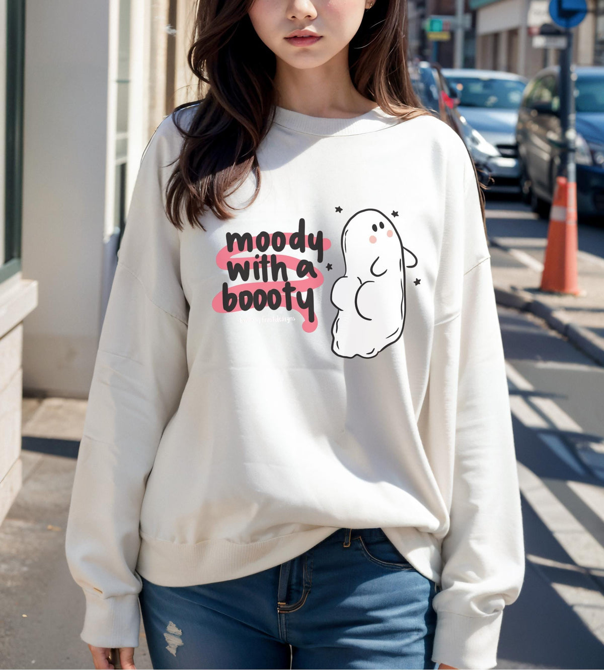 Moody With a Booty Sweatshirt, Cute Ghost Crewneck, Funny Moody Gift, Cozy Spooky Season Pullover, Kawaii Graphic Sweater for Her and Him