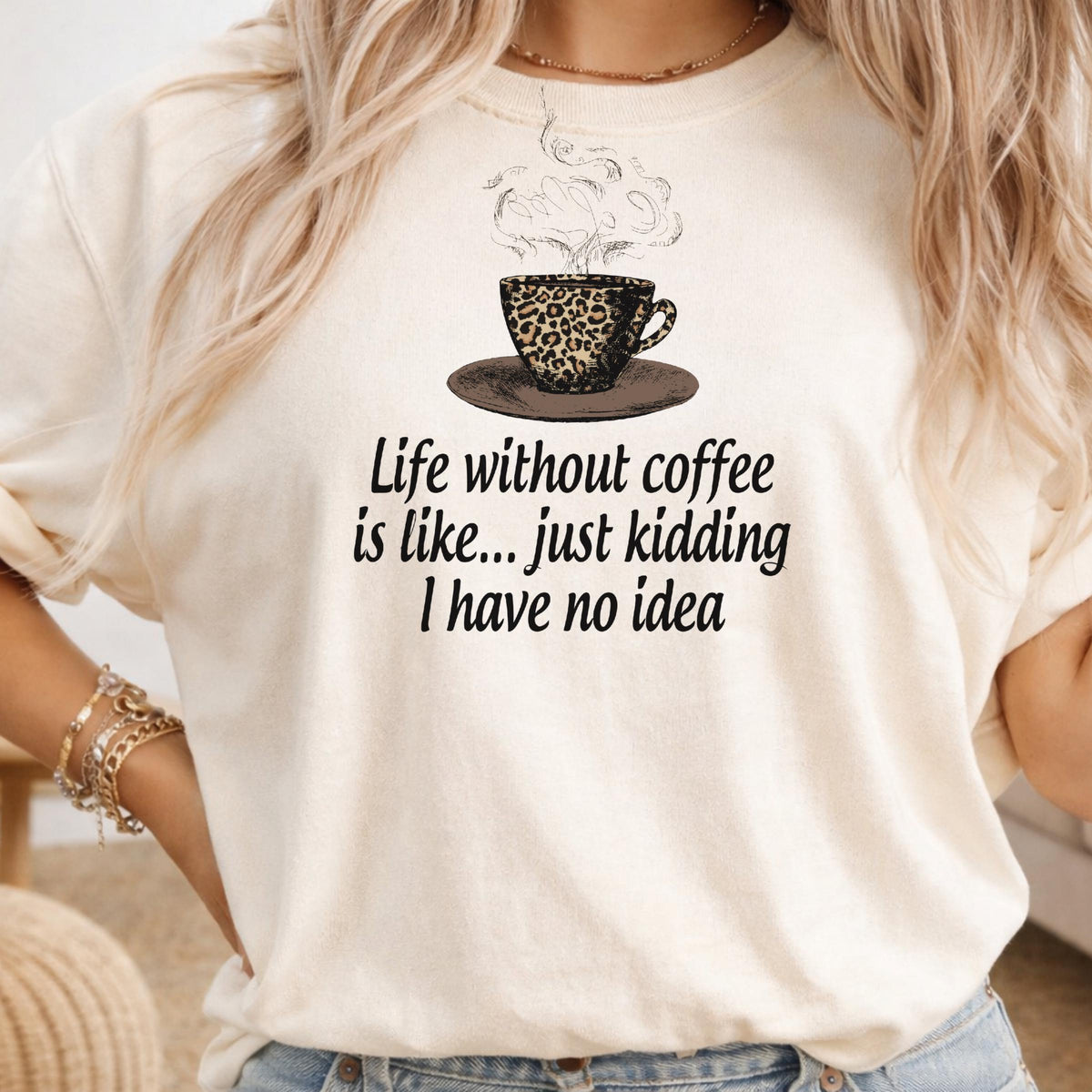 Coffee Lover Sweatshirt, Funny Coffee Quote Crewneck, Leopard Coffee Cup Top, Caffeine Humor Gift for Coffee Addict, Cozy Unisex Pullover