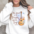 Christian Music Sweatshirt, The Lord Is My Strength and My Song, Exodus 15:2 Bible Verse Crewneck, Floral Guitar Faith Gift for Her