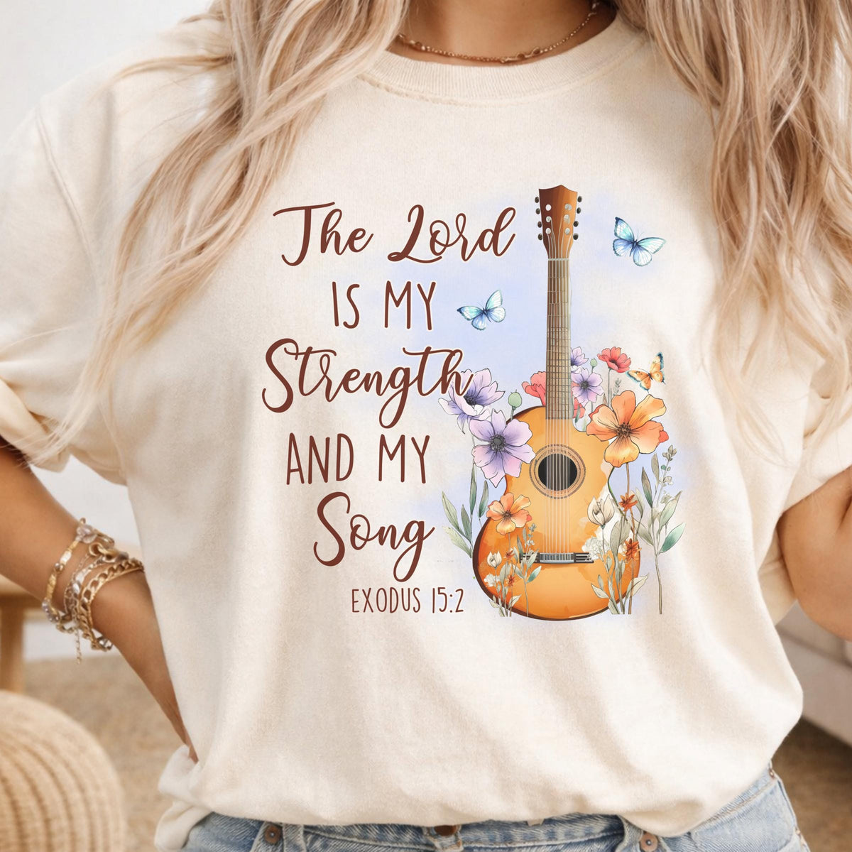 Christian Music Sweatshirt, The Lord Is My Strength and My Song, Exodus 15:2 Bible Verse Crewneck, Floral Guitar Faith Gift for Her