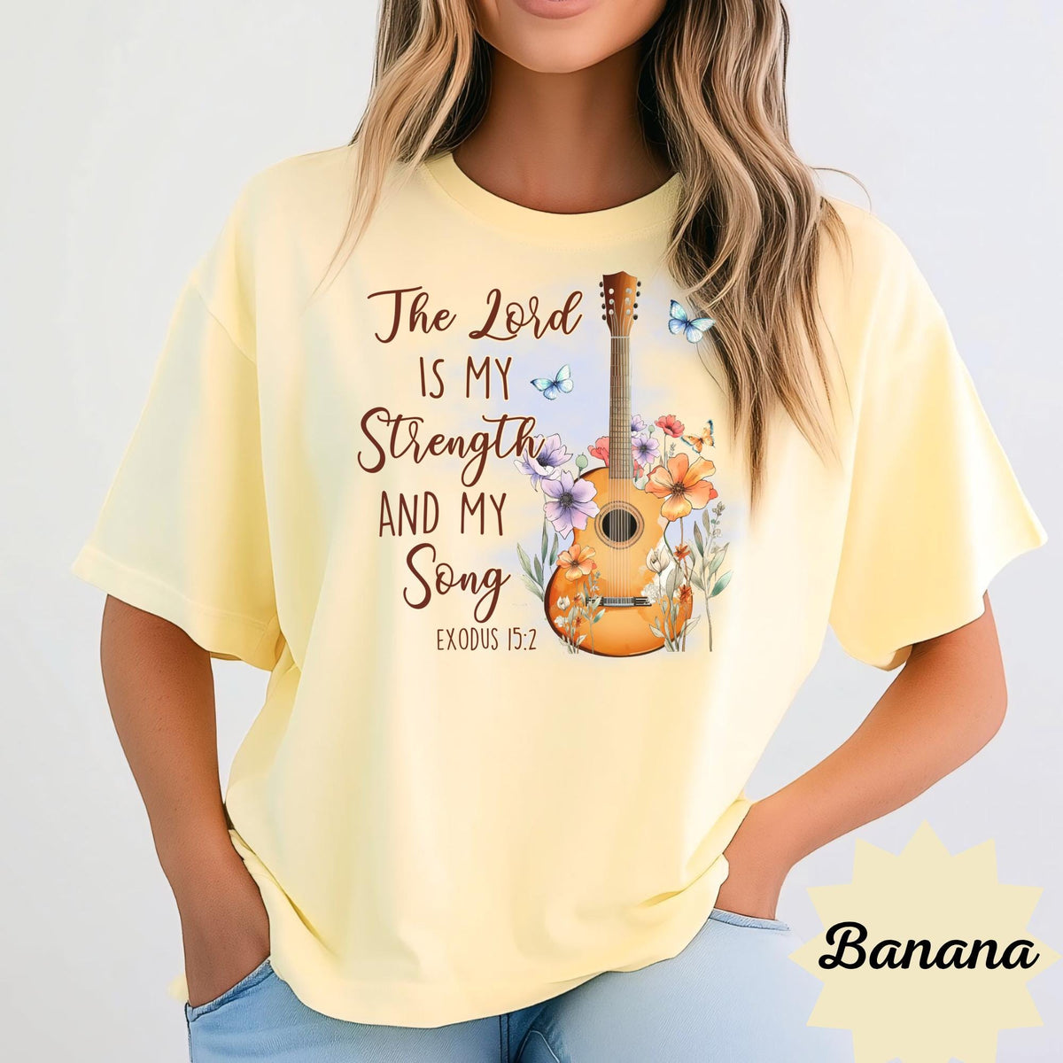 Christian Music Sweatshirt, The Lord Is My Strength and My Song, Exodus 15:2 Bible Verse Crewneck, Floral Guitar Faith Gift for Her
