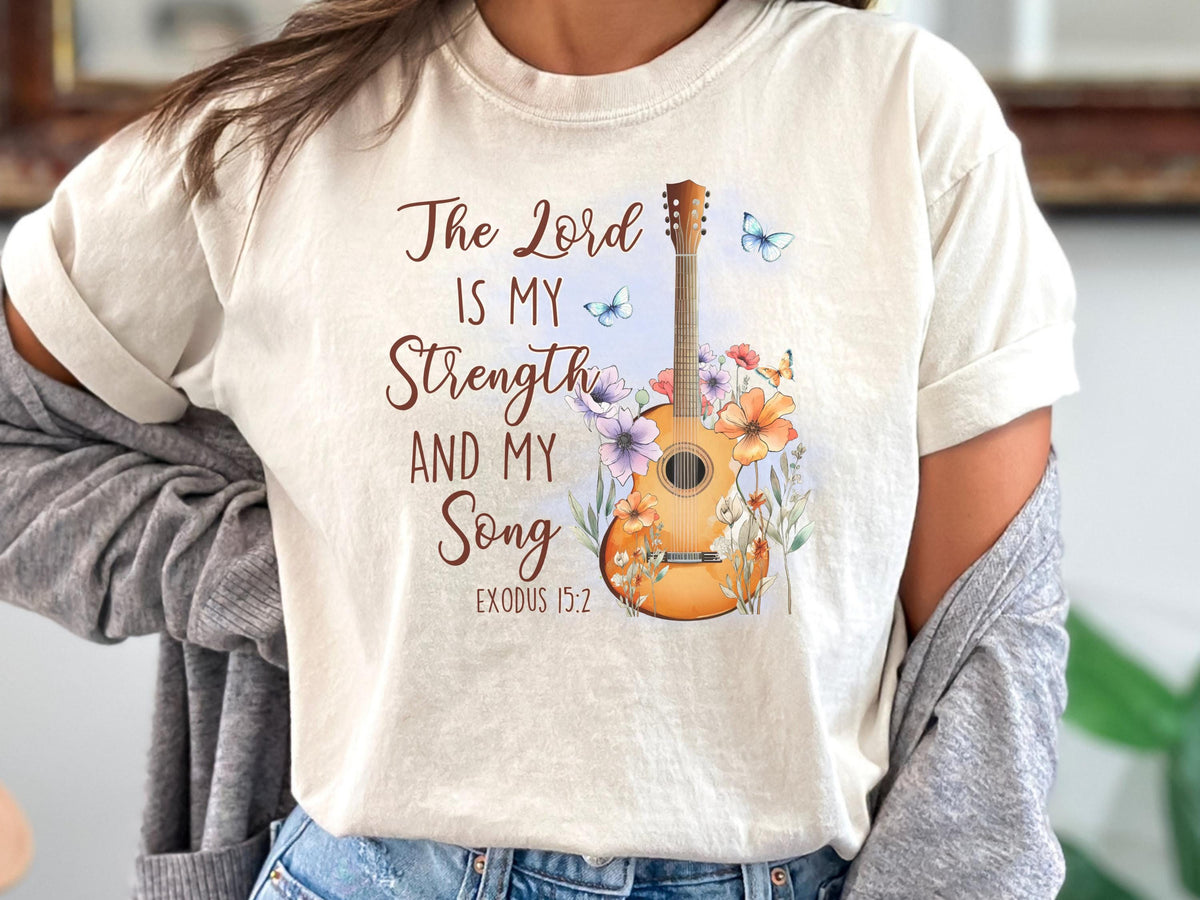 Christian Music Sweatshirt, The Lord Is My Strength and My Song, Exodus 15:2 Bible Verse Crewneck, Floral Guitar Faith Gift for Her