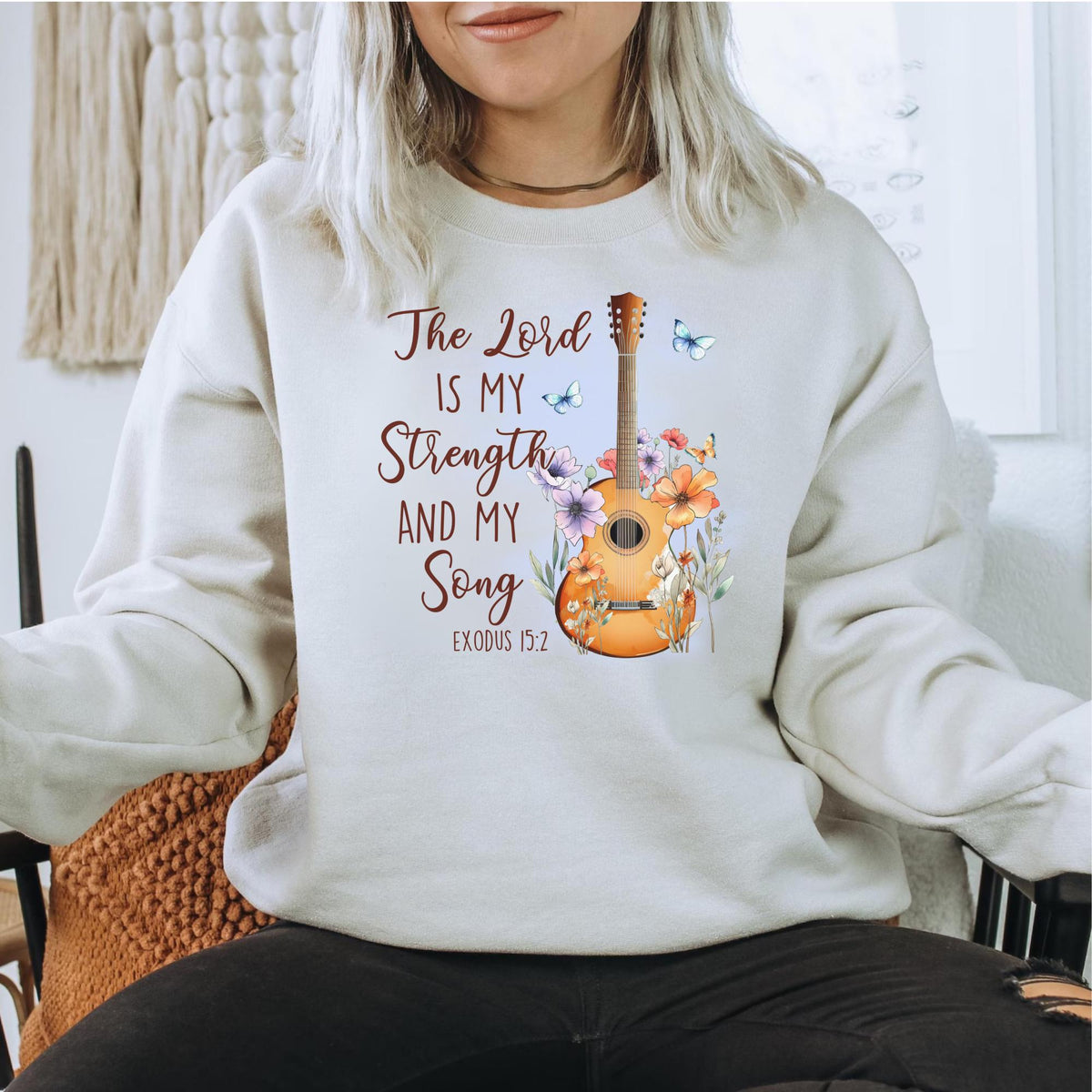 Christian Music Sweatshirt, The Lord Is My Strength and My Song, Exodus 15:2 Bible Verse Crewneck, Floral Guitar Faith Gift for Her