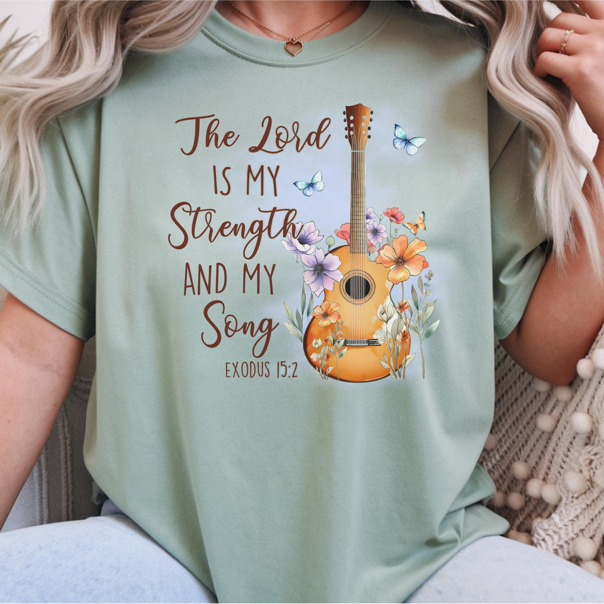 Christian Music Sweatshirt, The Lord Is My Strength and My Song, Exodus 15:2 Bible Verse Crewneck, Floral Guitar Faith Gift for Her