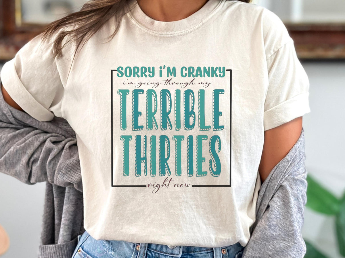 Sorry I'm Cranky I'm Going Through Terrible Thirties Sweatshirt, Funny Birthday Gift, Sarcastic 30th Birthday Crewneck, Unisex Pullover