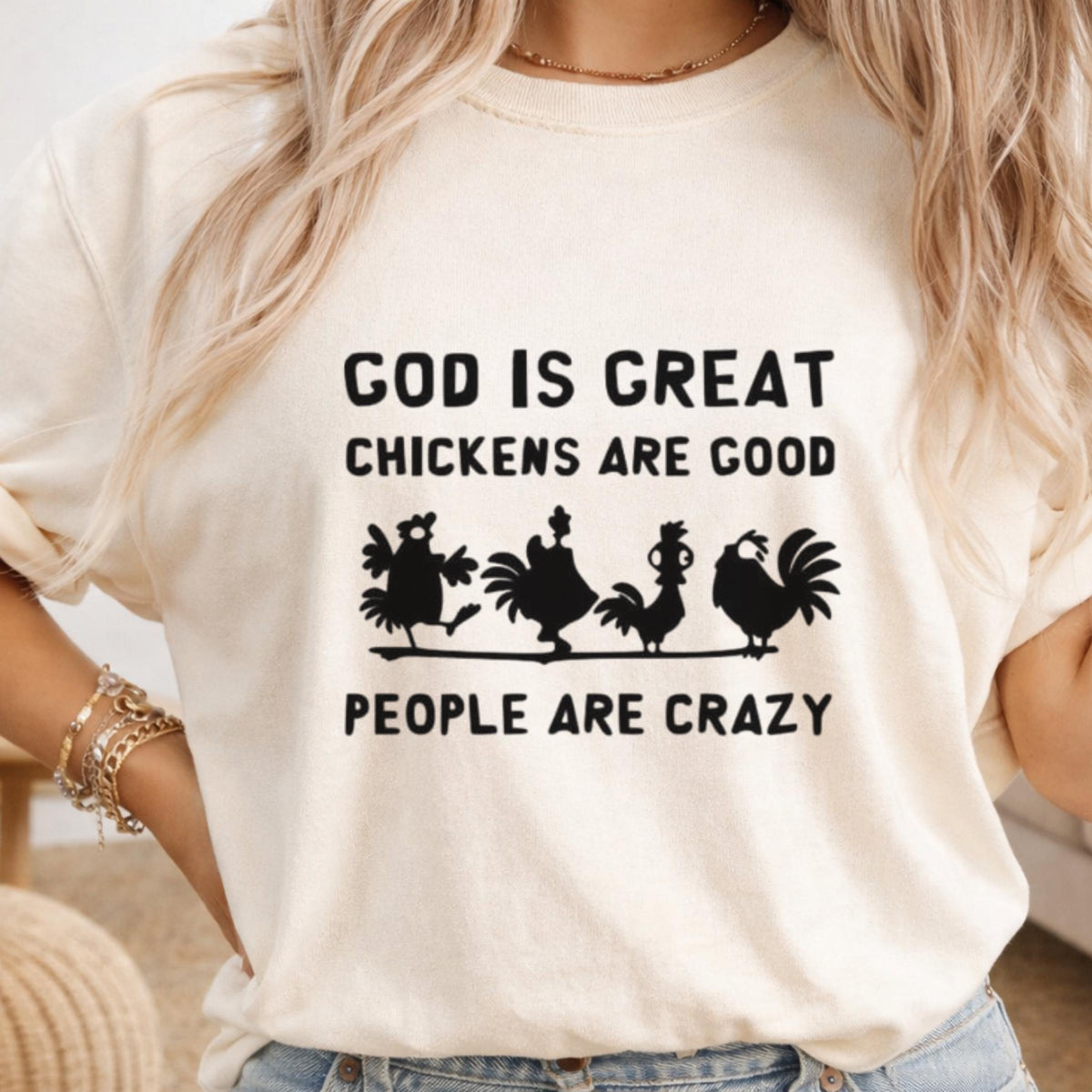 Funny Chicken Lover Sweatshirt, God Is Great Chickens Are Good People Are Crazy Farmhouse Chicken Farmer Gift Crewneck Pullover Top