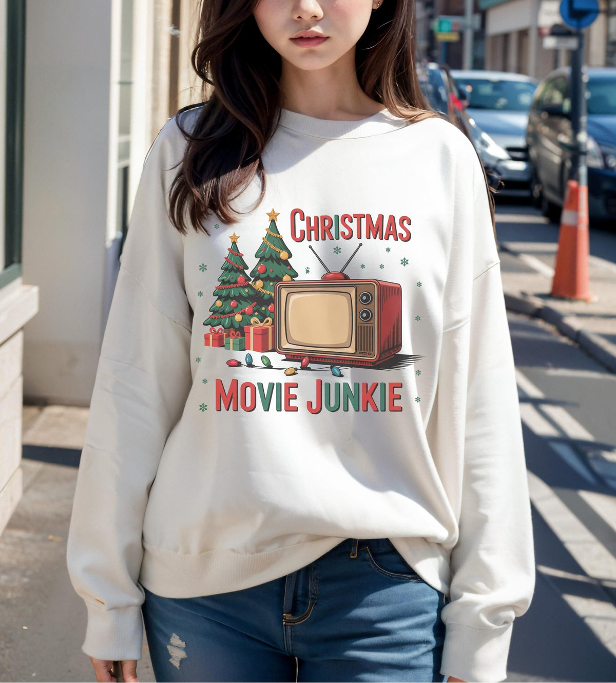 Christmas Movie Junkie Sweatshirt, Retro TV and Christmas Tree Crewneck, Festive Holiday Movie Lover Gift, Cozy Christmas Pullover