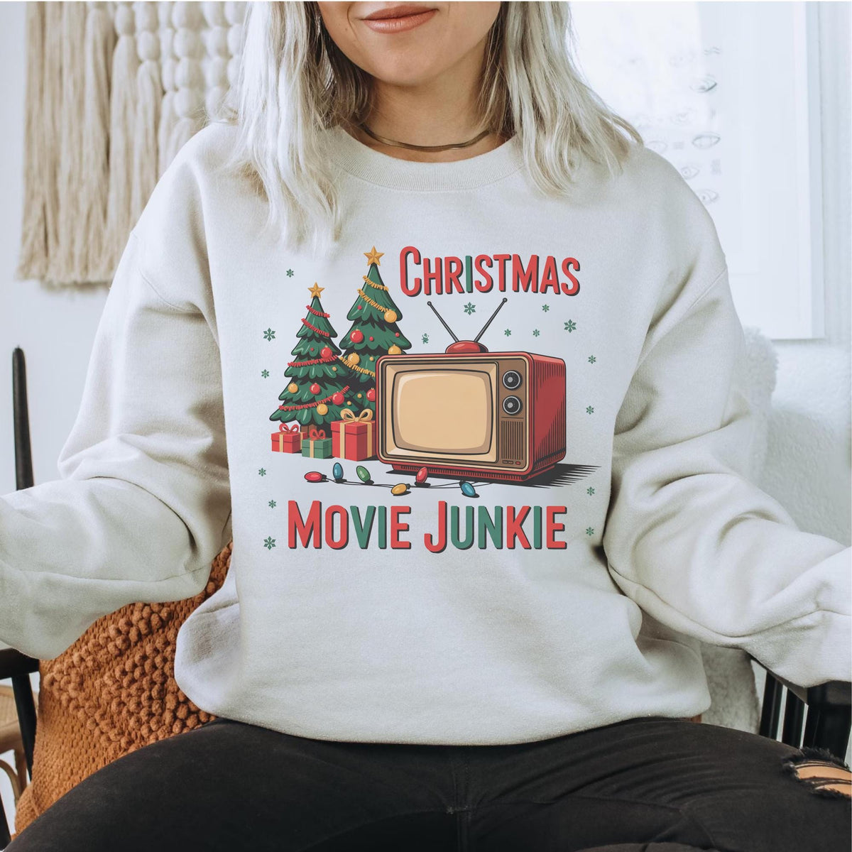 Christmas Movie Junkie Sweatshirt, Retro TV and Christmas Tree Crewneck, Festive Holiday Movie Lover Gift, Cozy Christmas Pullover