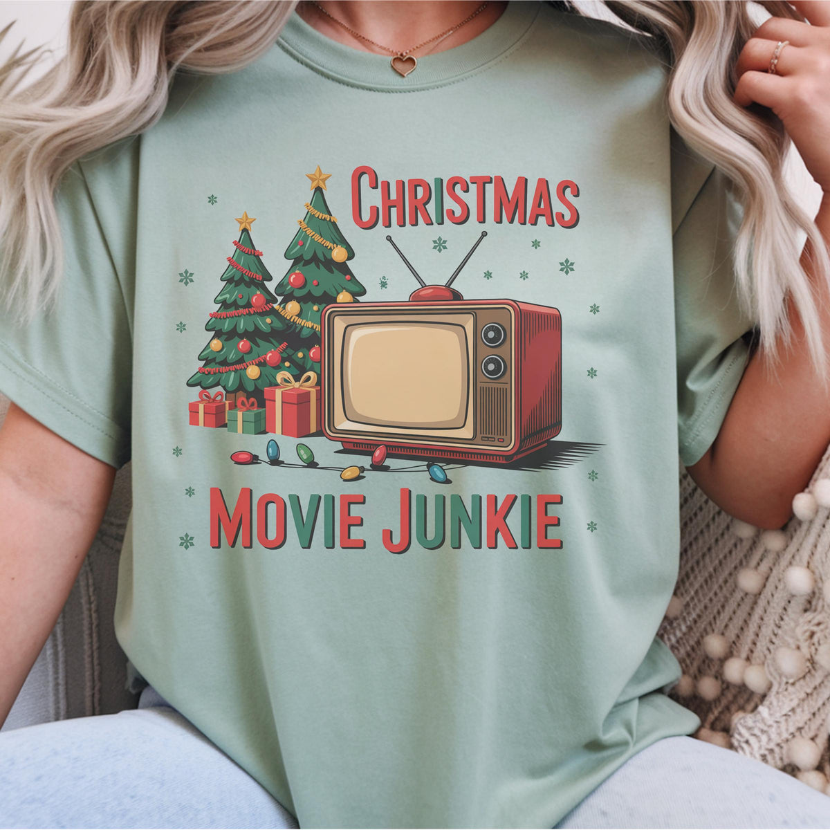 Christmas Movie Junkie Sweatshirt, Retro TV and Christmas Tree Crewneck, Festive Holiday Movie Lover Gift, Cozy Christmas Pullover