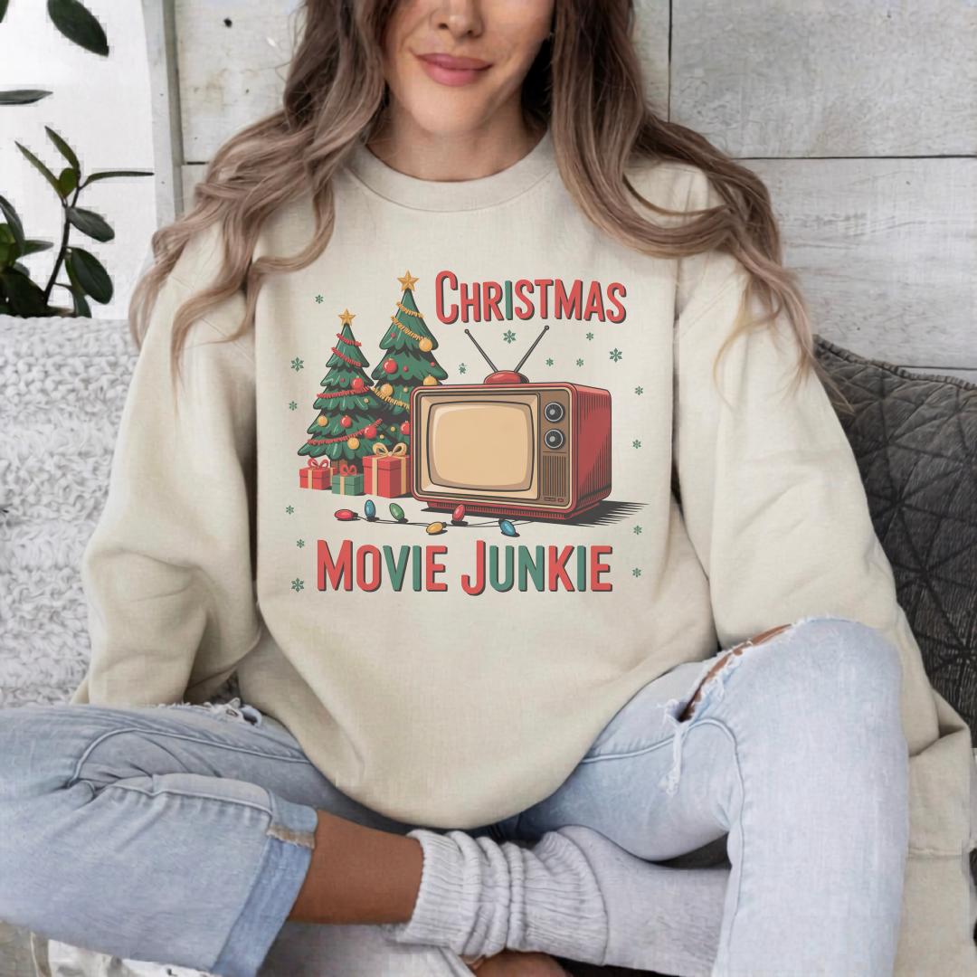 Christmas Movie Junkie Sweatshirt, Retro TV and Christmas Tree Crewneck, Festive Holiday Movie Lover Gift, Cozy Christmas Pullover