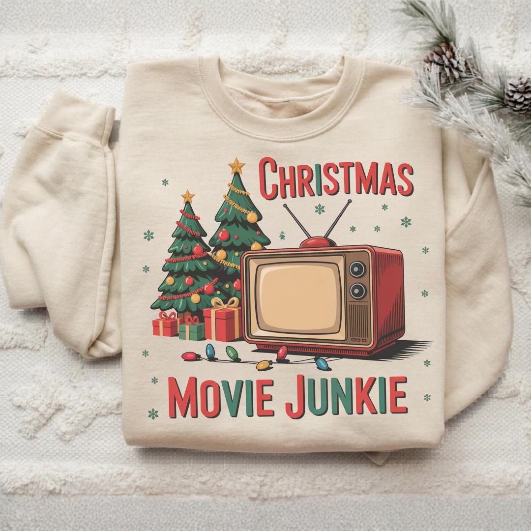 Christmas Movie Junkie Sweatshirt, Retro TV and Christmas Tree Crewneck, Festive Holiday Movie Lover Gift, Cozy Christmas Pullover