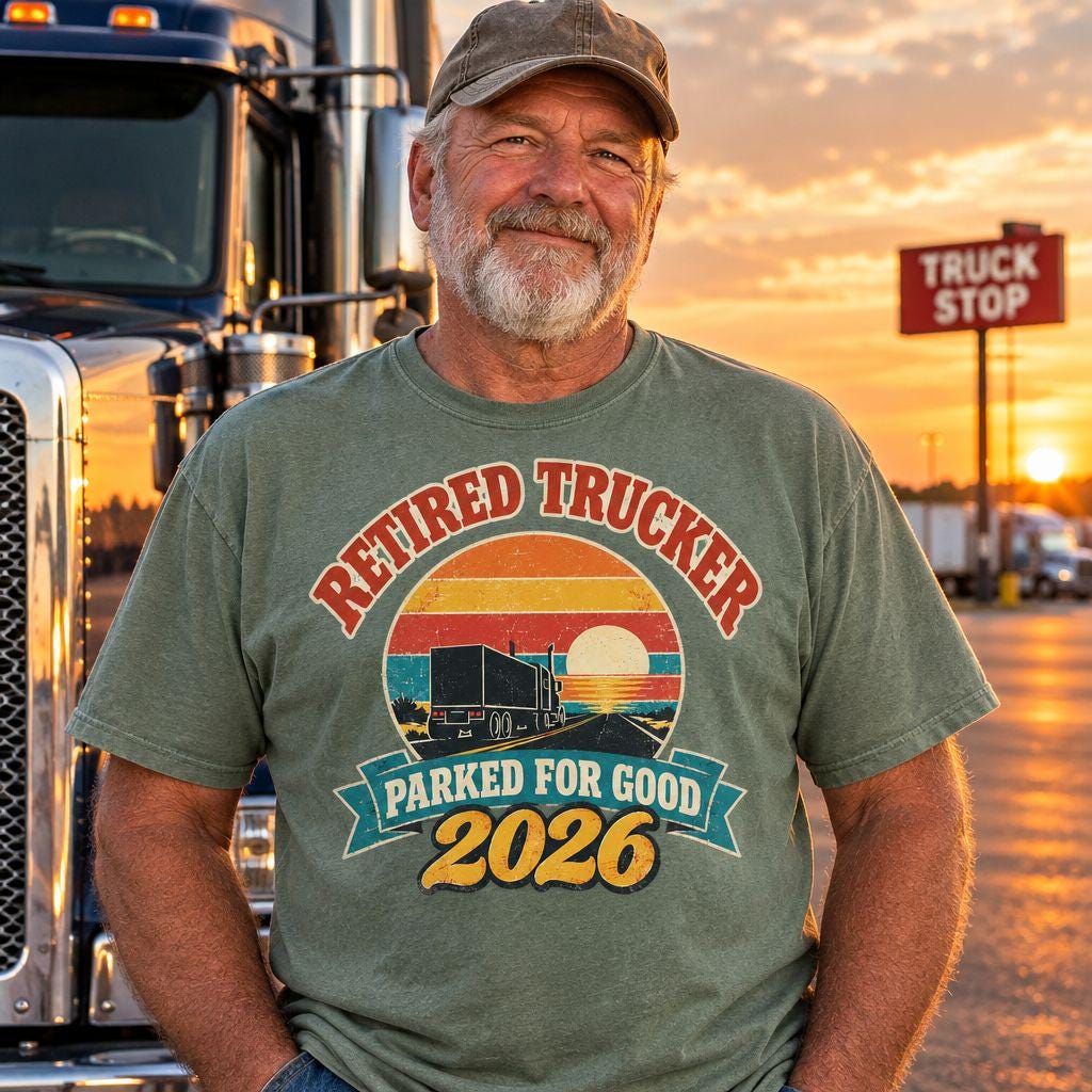 Retired truck driver beside a semi truck wearing a Bay sage Retired Trucker 2026 Parked For Good retro sunset t-shirt
