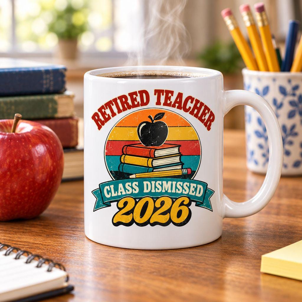 Retired Teacher 2026 Class Dismissed coffee mug on a teacher's desk with an apple and books