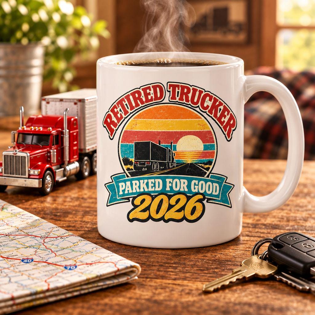 Retired Trucker 2026 Parked For Good coffee mug on a wooden table with a toy semi truck and road map