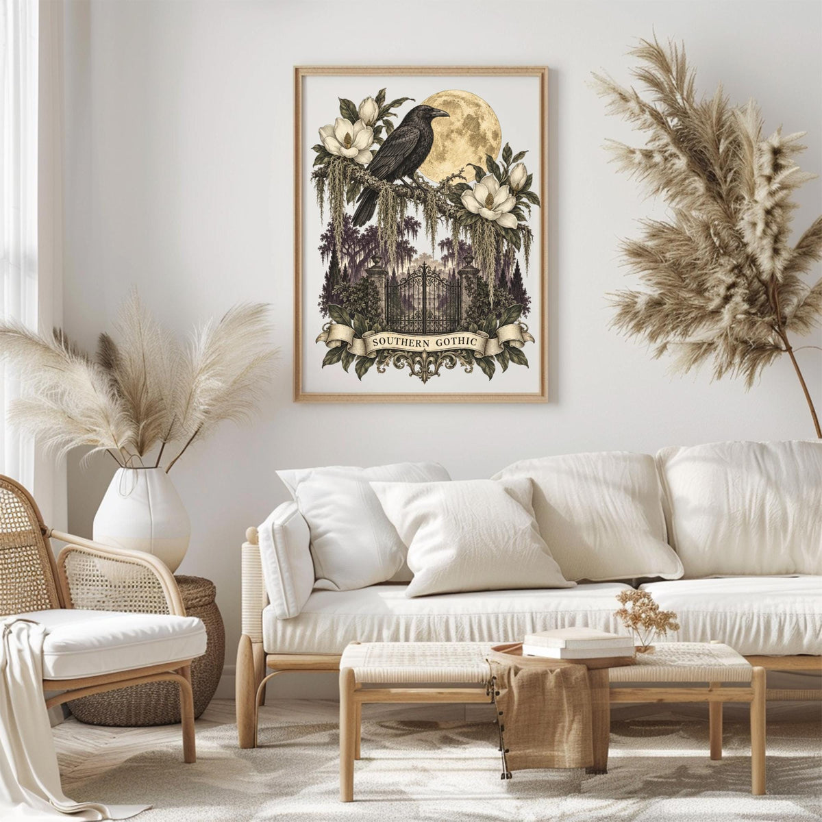 Southern Gothic Crow Wall Art, Moonlit Magnolia Garden Decor, Gothic Raven Home Accent, Framed Wooden Decor for Dark Academia Style