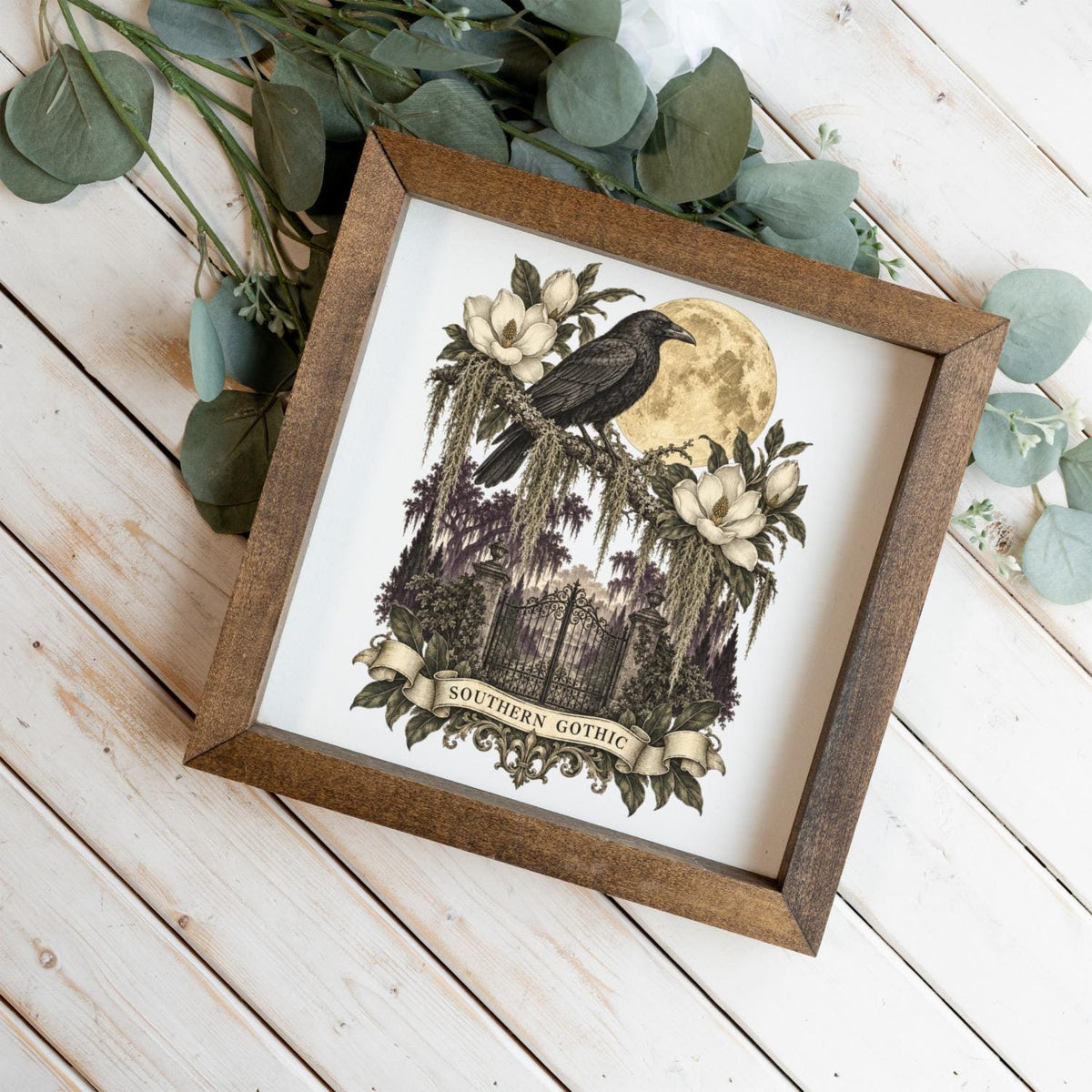 Southern Gothic Crow Wall Art, Moonlit Magnolia Garden Decor, Gothic Raven Home Accent, Framed Wooden Decor for Dark Academia Style