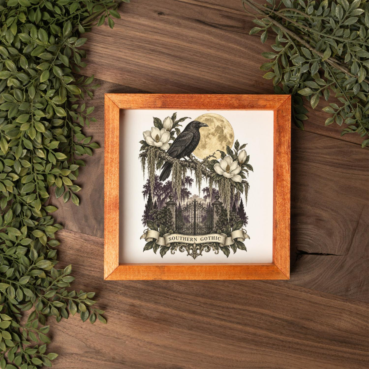 Southern Gothic Crow Wall Art, Moonlit Magnolia Garden Decor, Gothic Raven Home Accent, Framed Wooden Decor for Dark Academia Style