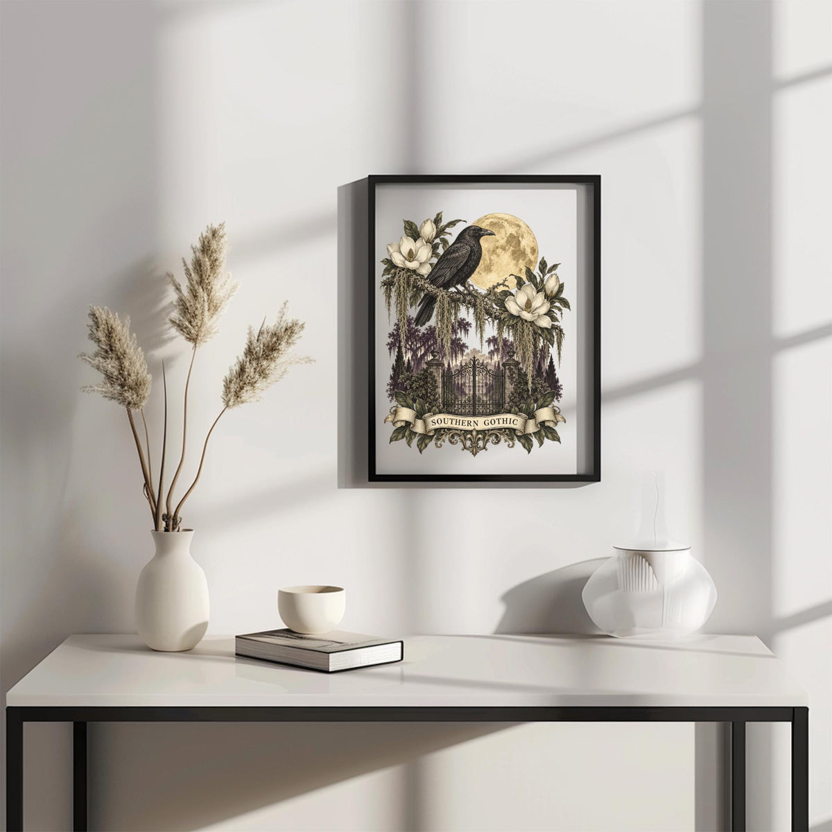 Southern Gothic Crow Wall Art, Moonlit Magnolia Garden Decor, Gothic Raven Home Accent, Framed Wooden Decor for Dark Academia Style