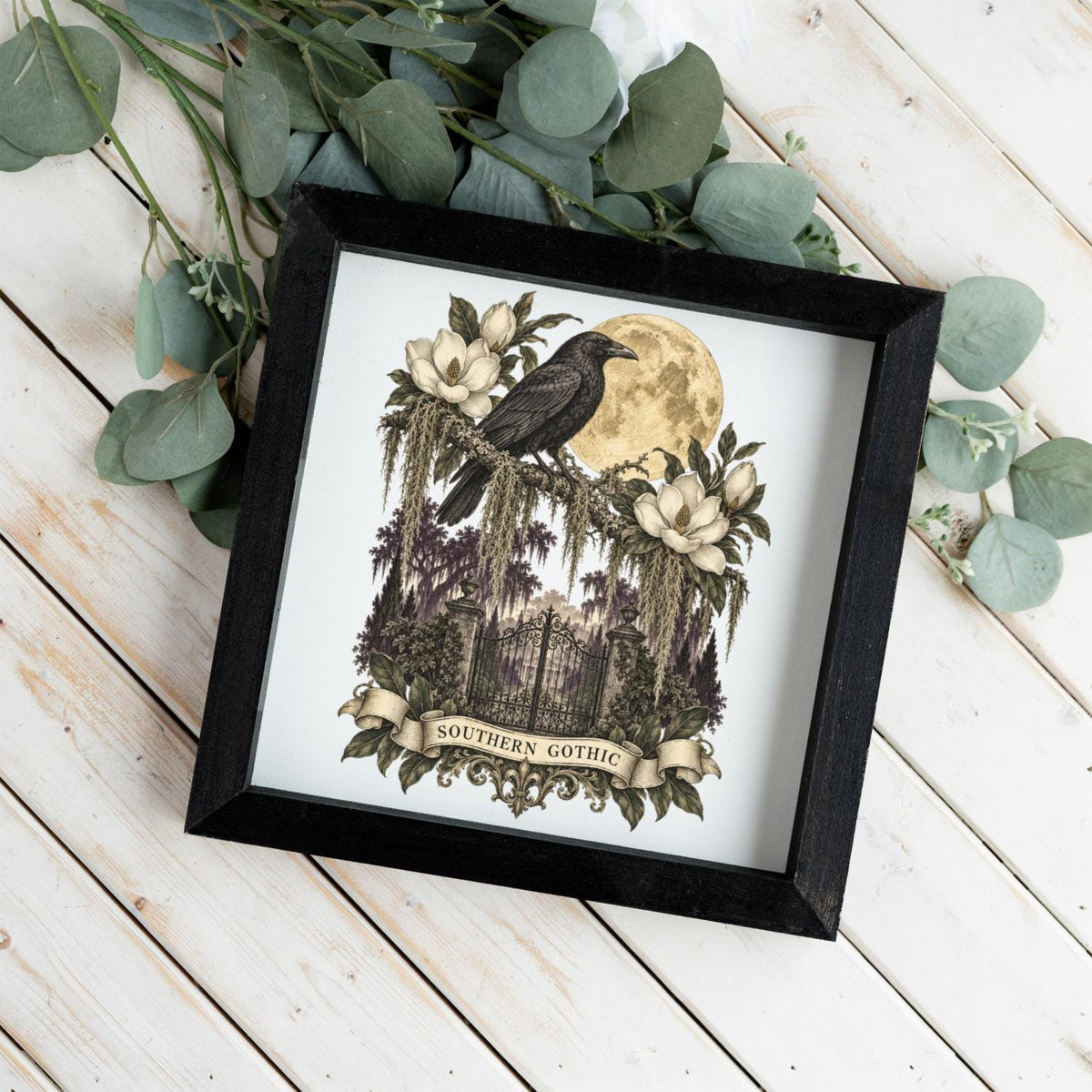 Southern Gothic Crow Wall Art, Moonlit Magnolia Garden Decor, Gothic Raven Home Accent, Framed Wooden Decor for Dark Academia Style