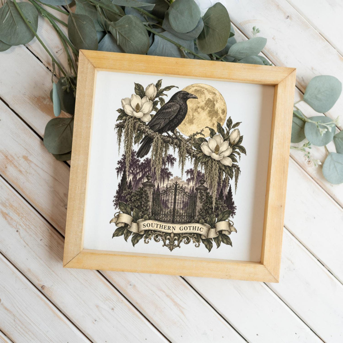 Southern Gothic Crow Wall Art, Moonlit Magnolia Garden Decor, Gothic Raven Home Accent, Framed Wooden Decor for Dark Academia Style