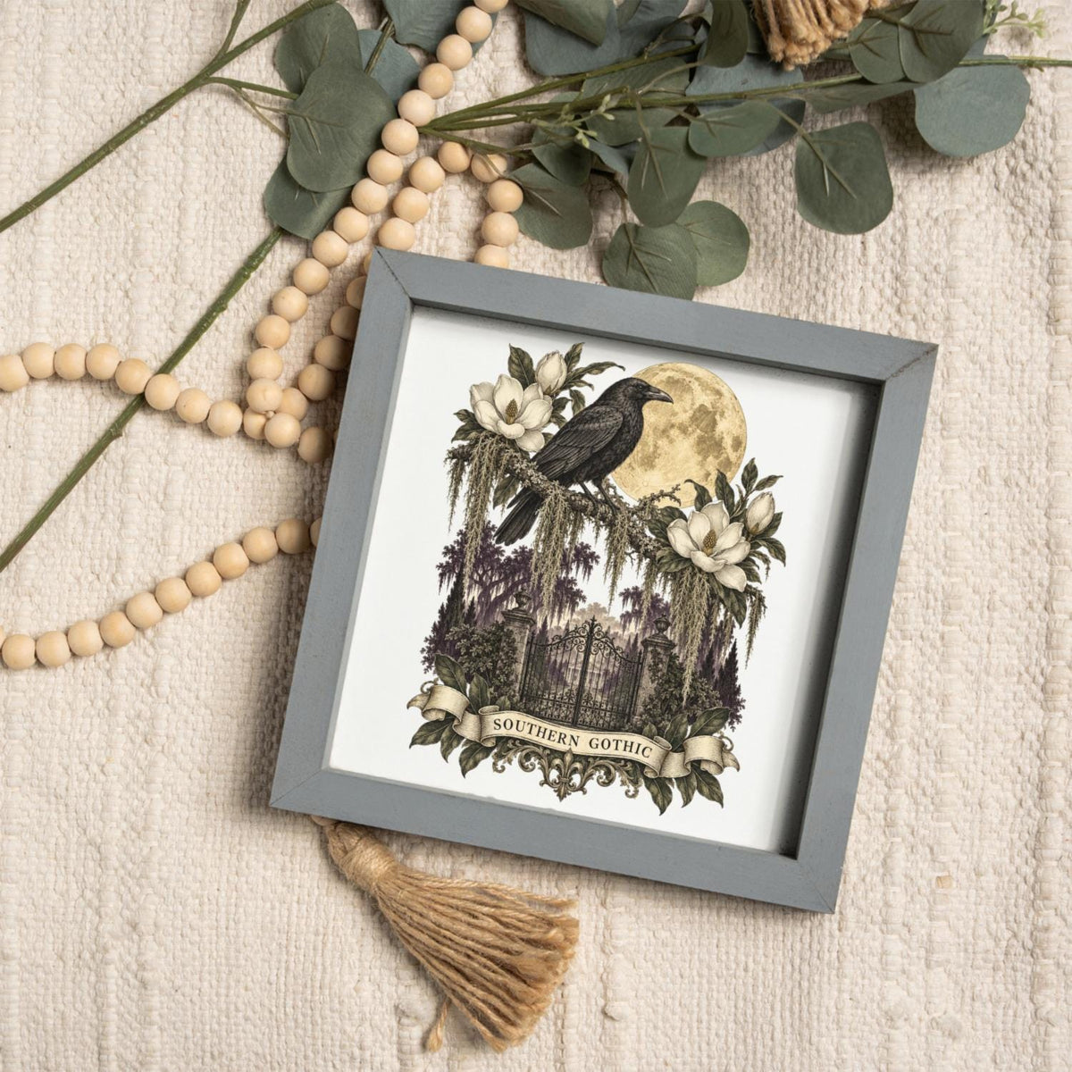 Southern Gothic Crow Wall Art, Moonlit Magnolia Garden Decor, Gothic Raven Home Accent, Framed Wooden Decor for Dark Academia Style