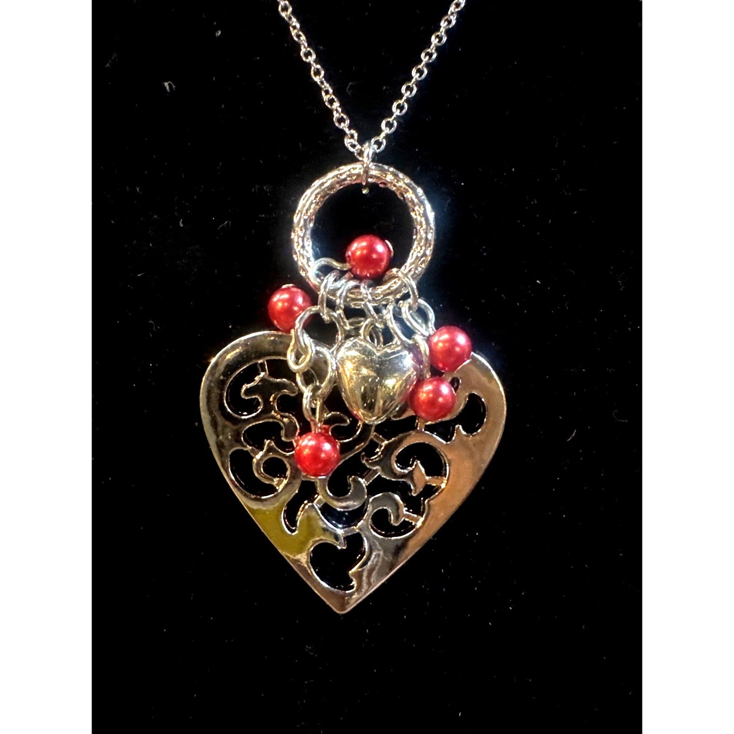 Silver Heart Pendant Necklace & Earrings Set With Red Beads By Paparazzi Jewelry