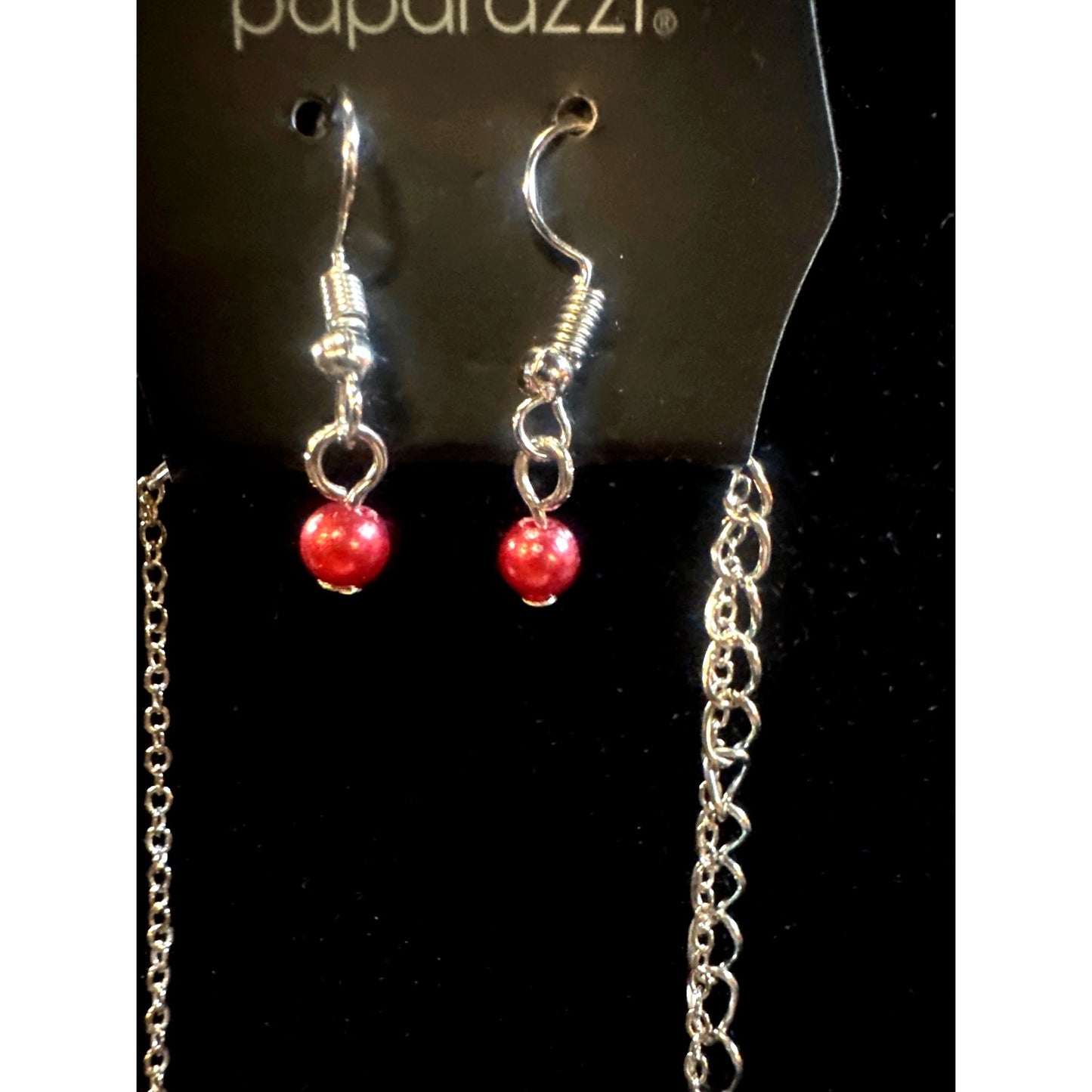 Silver Heart Pendant Necklace & Earrings Set With Red Beads By Paparazzi Jewelry