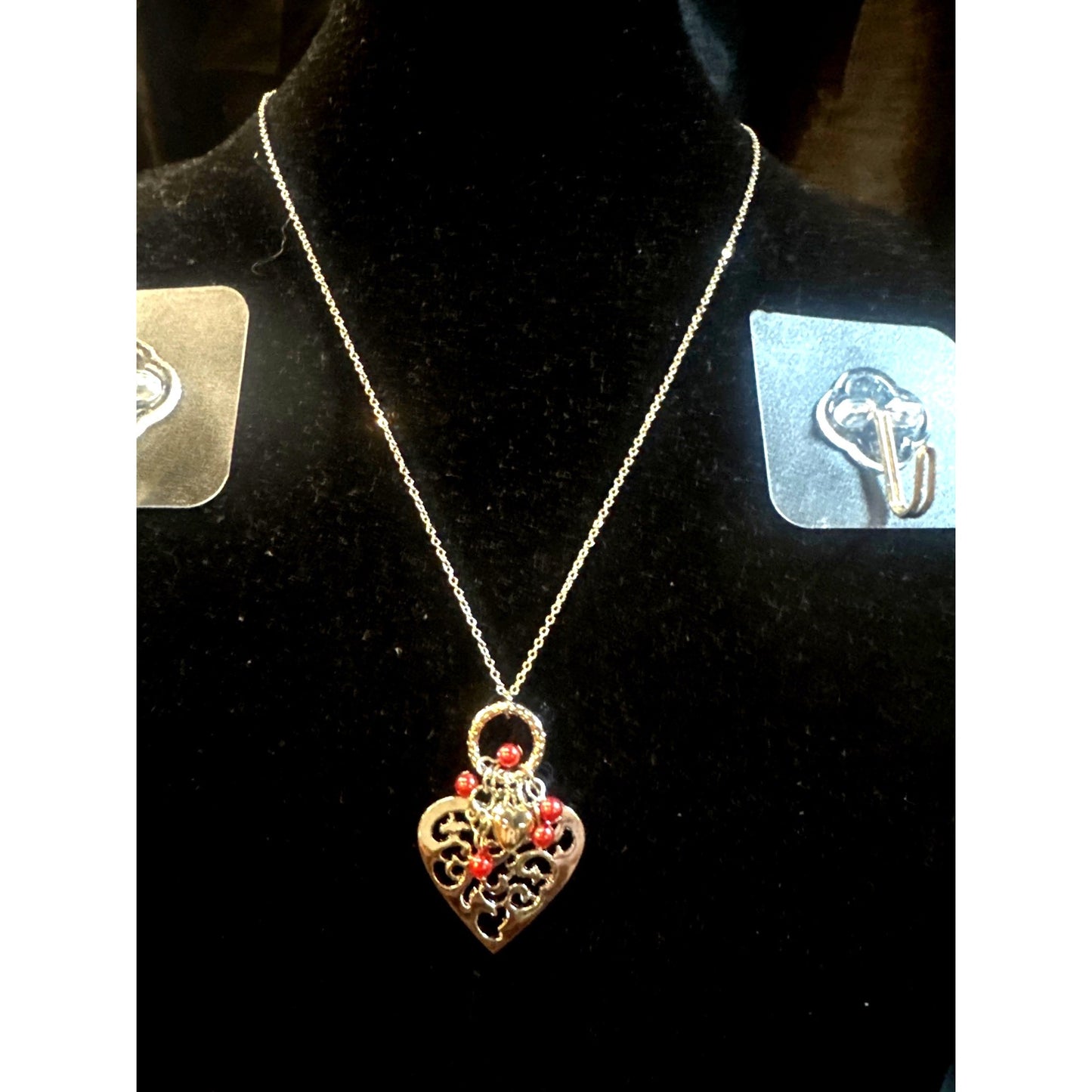 Silver Heart Pendant Necklace & Earrings Set With Red Beads By Paparazzi Jewelry