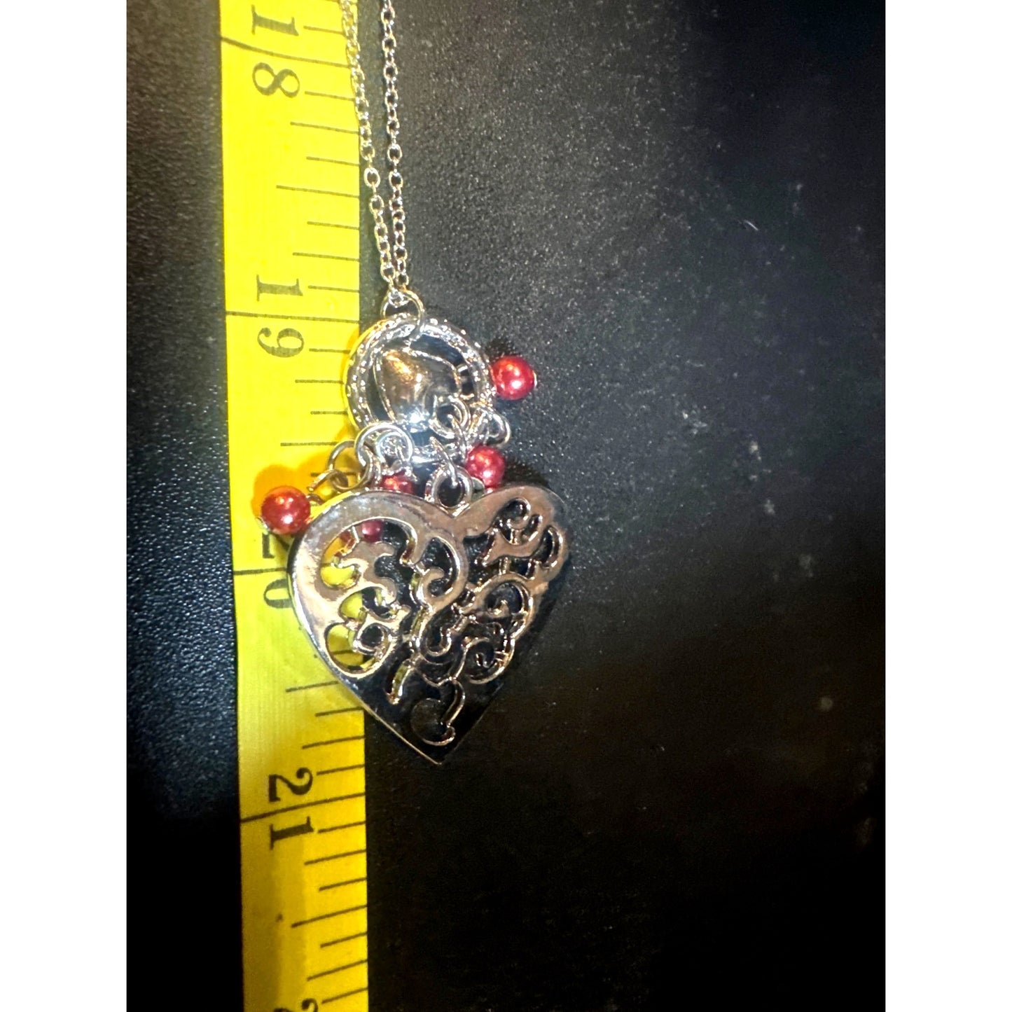 Silver Heart Pendant Necklace & Earrings Set With Red Beads By Paparazzi Jewelry