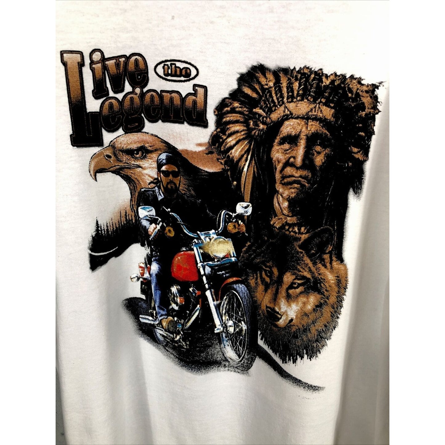 Men’s T-Shirt Living The Legend Indian Biker Eagle Theme Size Adult Extra Large