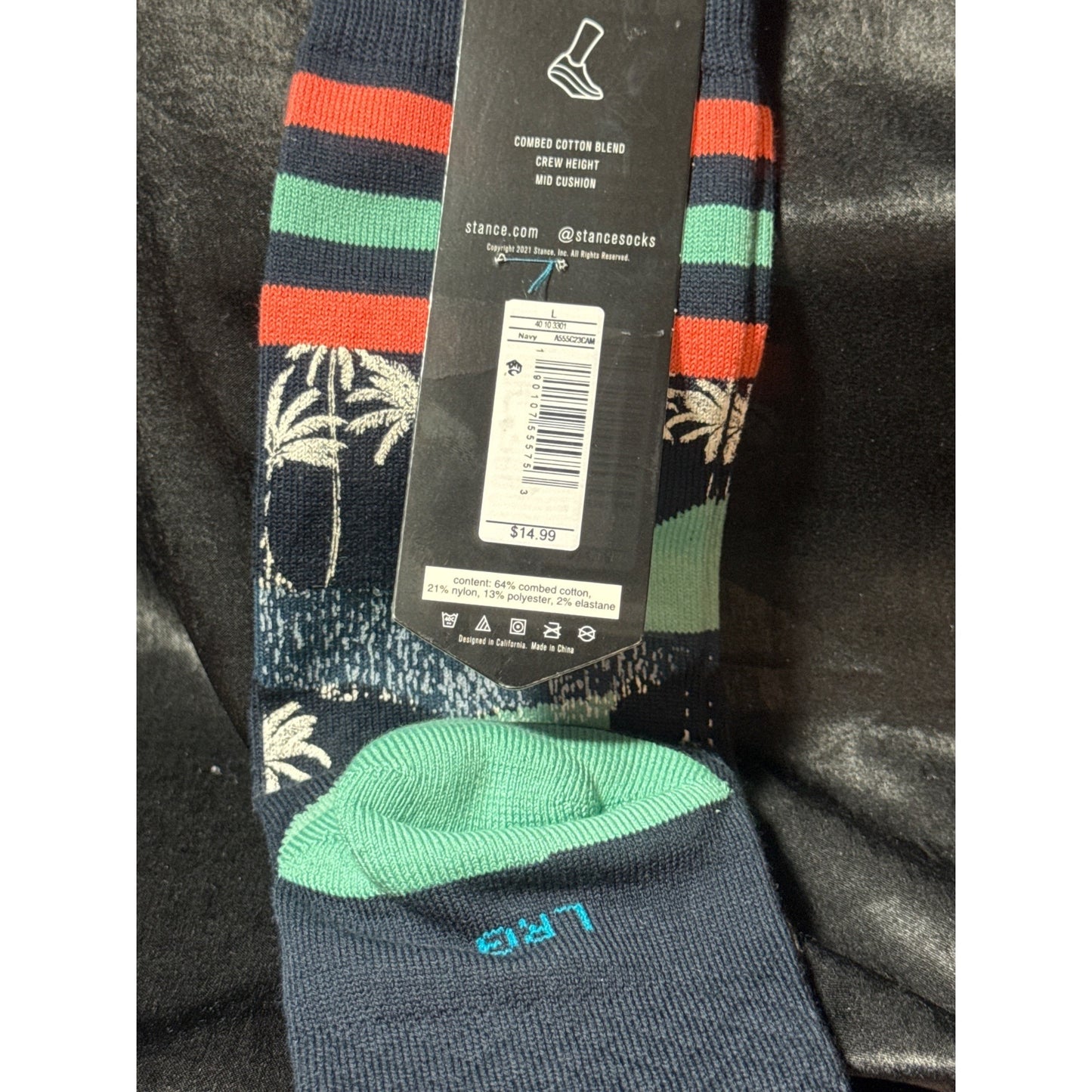 Stance Dwyane Wade Collection Casual Crew Socks M 6-12 Combed Cotton Blend Palm Print Navy/Green