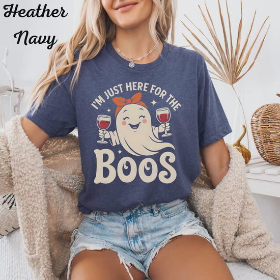 Funny Halloween Ghost Wine T-Shirt: 'I'm Just Here for the Boos' Spooky Party Tee for Women