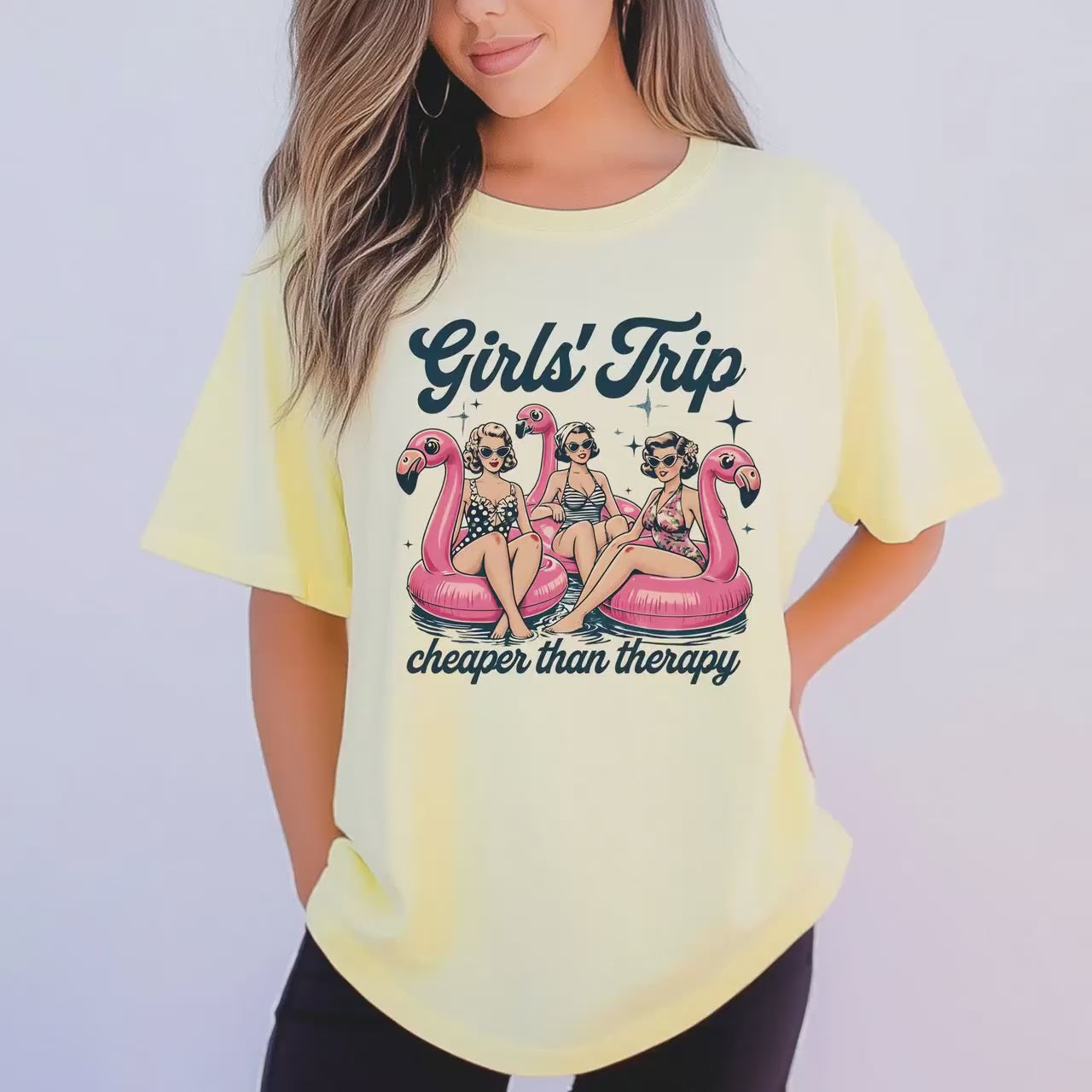 Retro 1940s Beach Party Tee: Woman on Flamingo Float Unisex Garment-Dyed Tropical Graphic Shirt