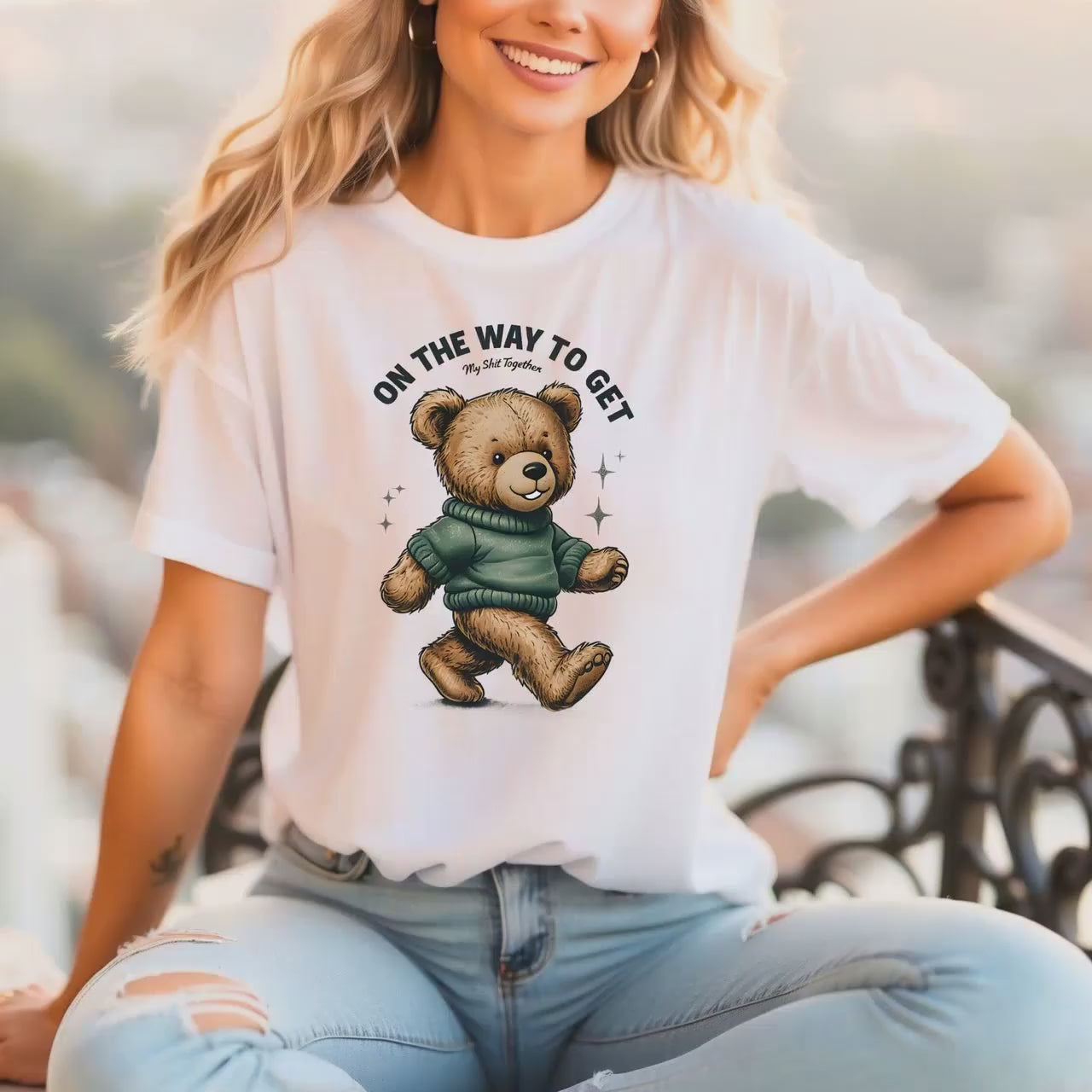 Quirky Women's Bear Graphic Tee: On The Way To Get My Shit Together Funny Casual White T-Shirt