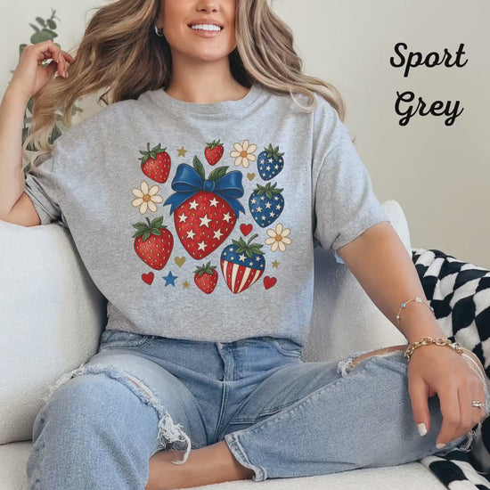 Strawberry and Croquet T-Shirt, Red White Blue Tee, Patriotic Fourth of July Shirt, Independence Day Top, 4th of July Women's Summer Holiday