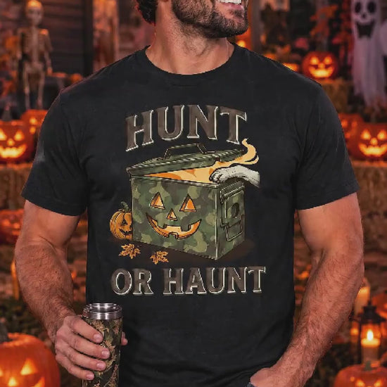 Hunt or Haunt Halloween Shirt, Camouflage Pumpkin Tee, Funny Hunting Graphic, Spooky Fall Shirt for Outdoor Fans and Pumpkin Lovers