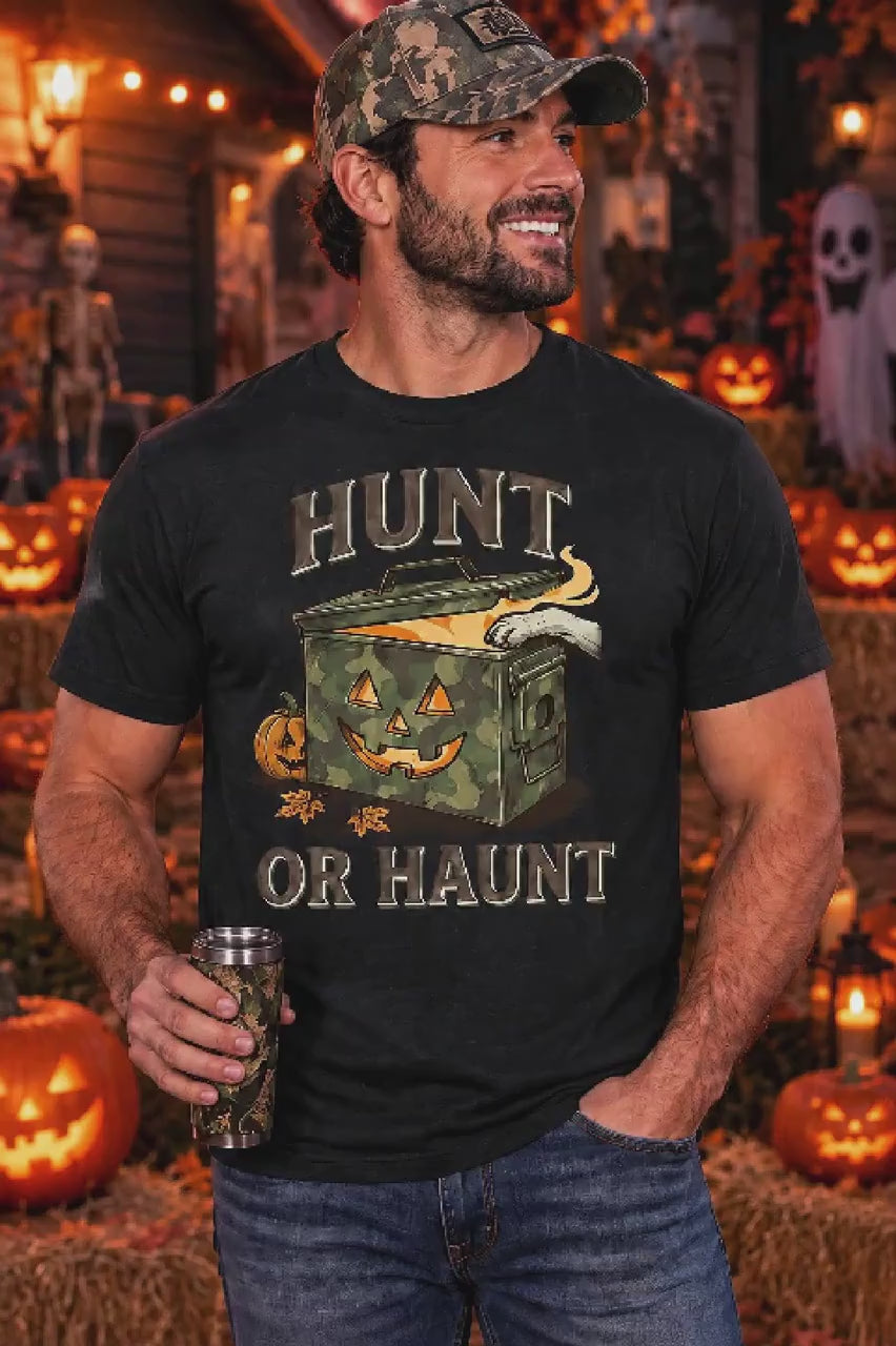 Hunt or Haunt Halloween Shirt, Camouflage Pumpkin Tee, Funny Hunting Graphic, Spooky Fall Shirt for Outdoor Fans and Pumpkin Lovers
