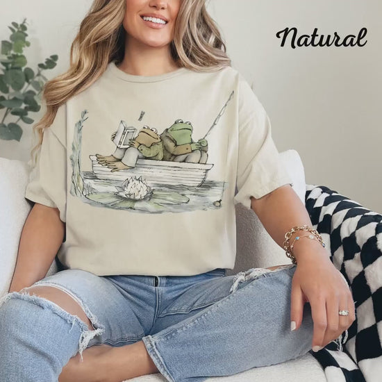 Retro Frog Fishing & Reading Design Vintage Amphibian Friends Illustration, Whimsical Nature Art, Cozy Cottagecore Aesthetic
