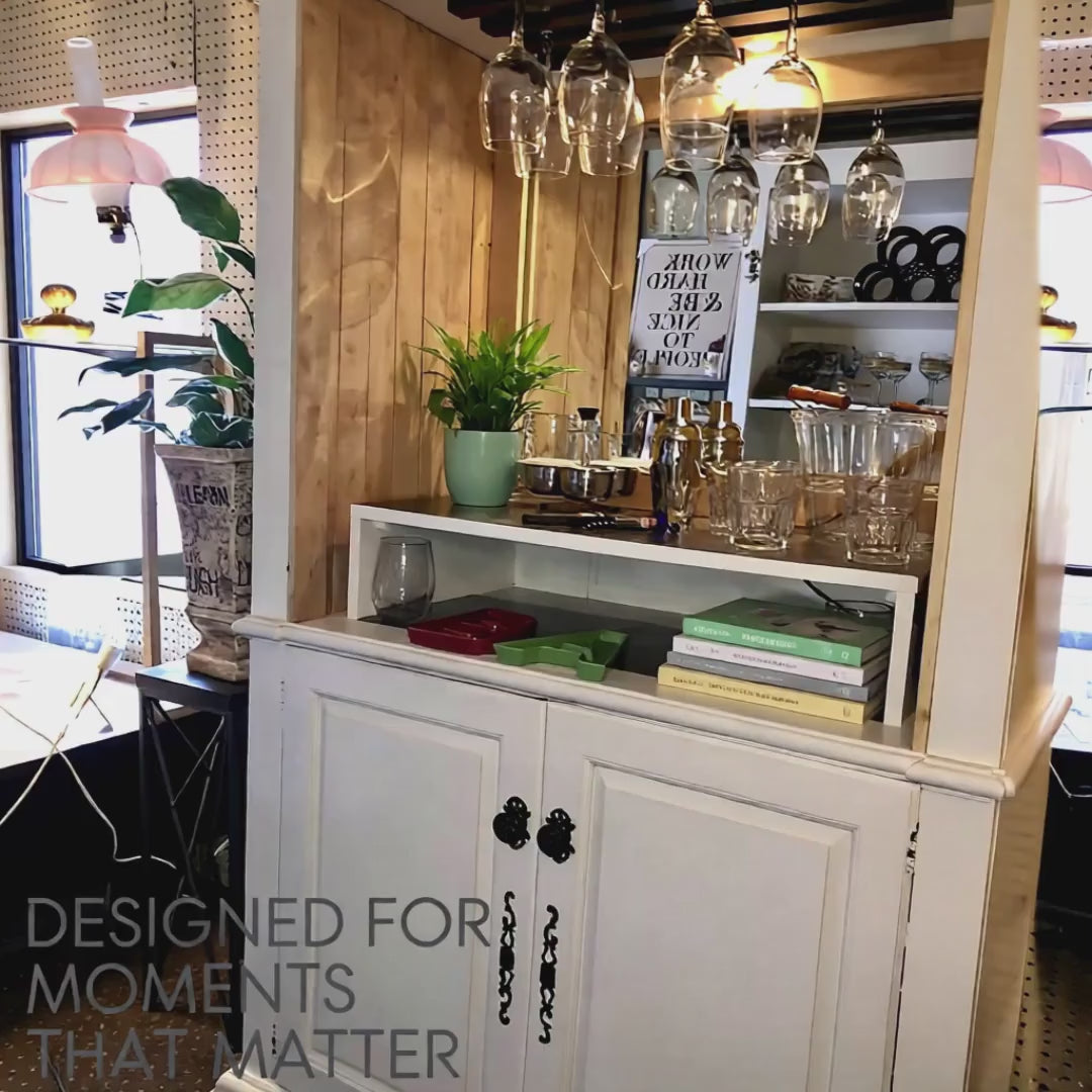 White Wooden Bar Cabinet With Glass Rack & Storage Space